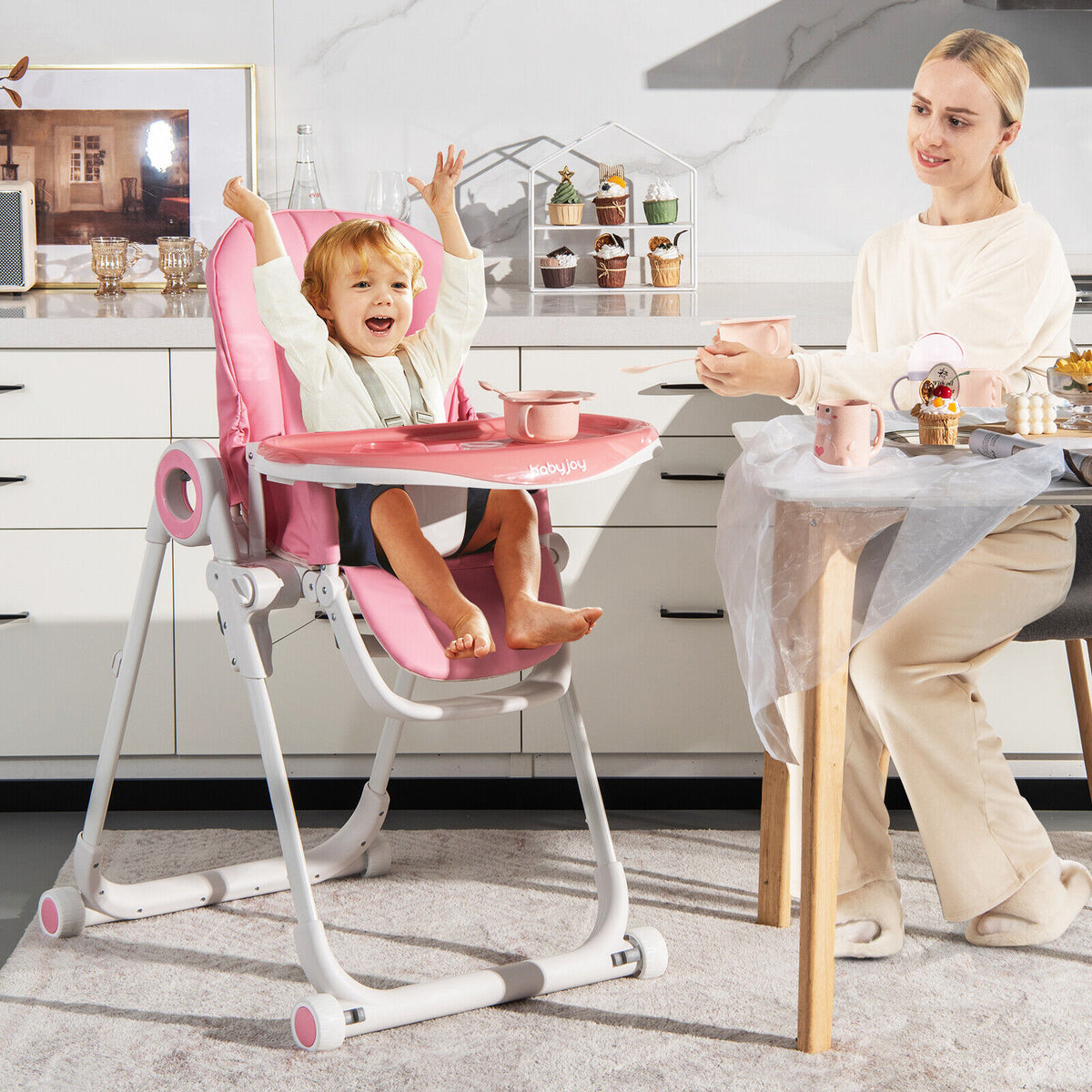 Baby High Chair Foldable Feeding Chair with 4 Lockable Wheels-Pink-High Chairs-DECOROLALA