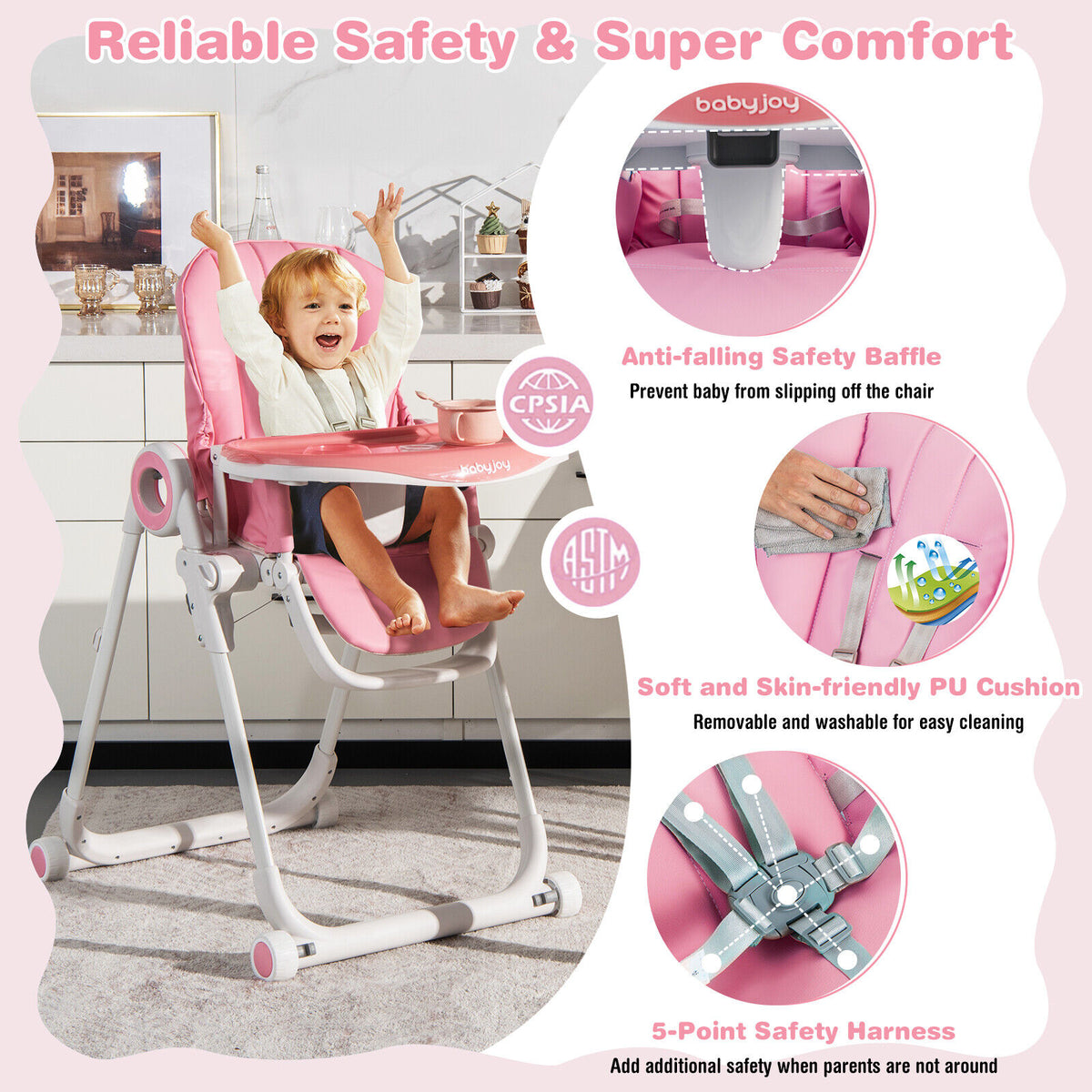 Baby High Chair Foldable Feeding Chair with 4 Lockable Wheels-Pink-High Chairs-DECOROLALA