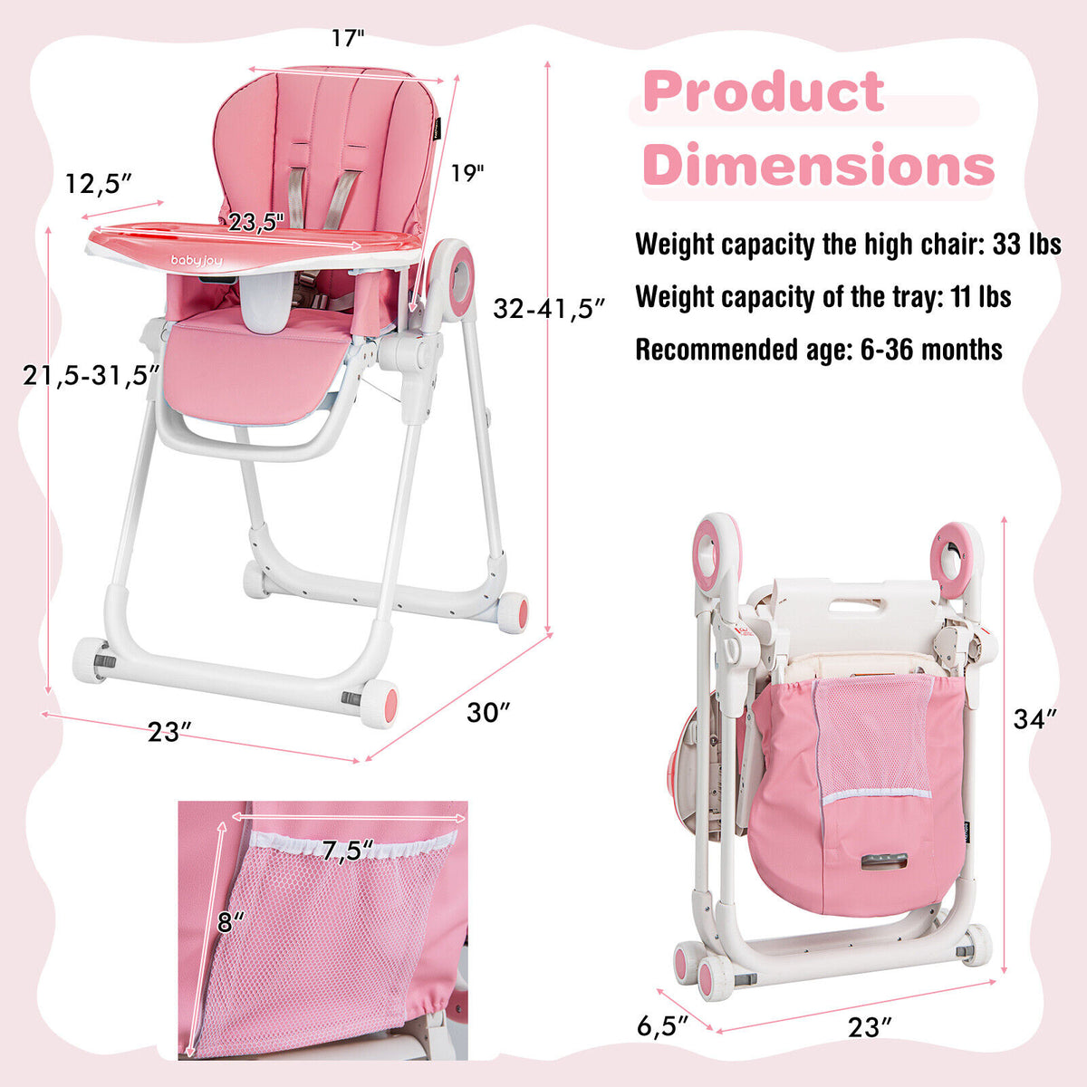 Baby High Chair Foldable Feeding Chair with 4 Lockable Wheels-Pink-High Chairs-DECOROLALA