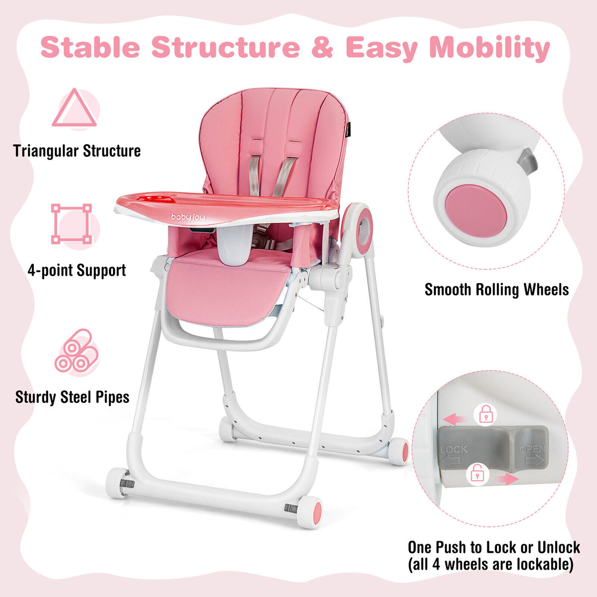 Baby High Chair Foldable Feeding Chair with 4 Lockable Wheels-Pink-High Chairs-DECOROLALA