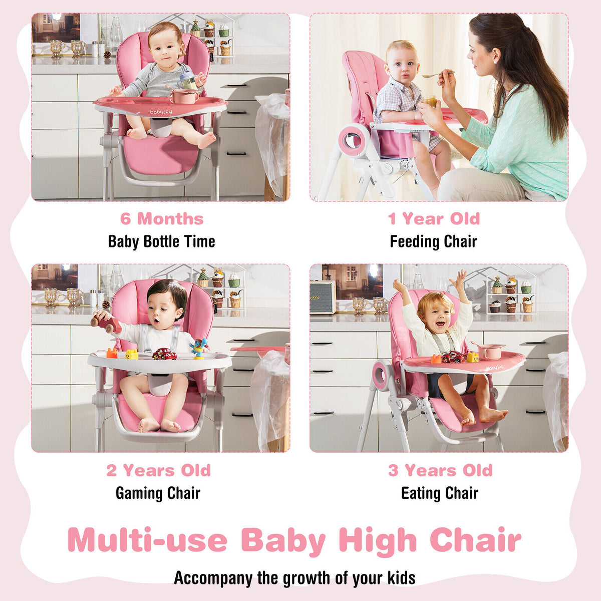 Baby High Chair Foldable Feeding Chair with 4 Lockable Wheels-Pink-High Chairs-DECOROLALA