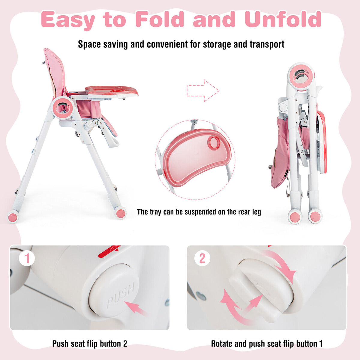 Baby High Chair Foldable Feeding Chair with 4 Lockable Wheels-Pink-High Chairs-DECOROLALA