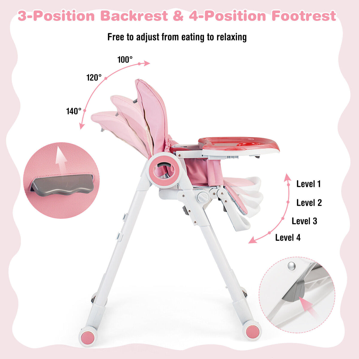 Baby High Chair Foldable Feeding Chair with 4 Lockable Wheels-Pink-High Chairs-DECOROLALA