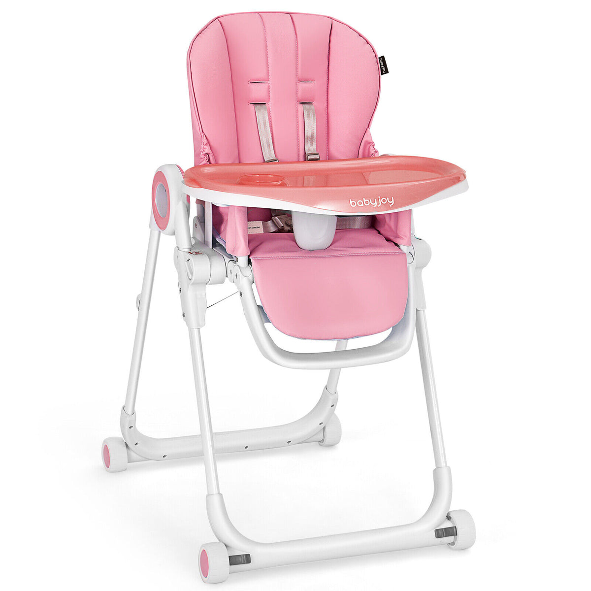 Baby High Chair Foldable Feeding Chair with 4 Lockable Wheels-Pink-High Chairs-DECOROLALA