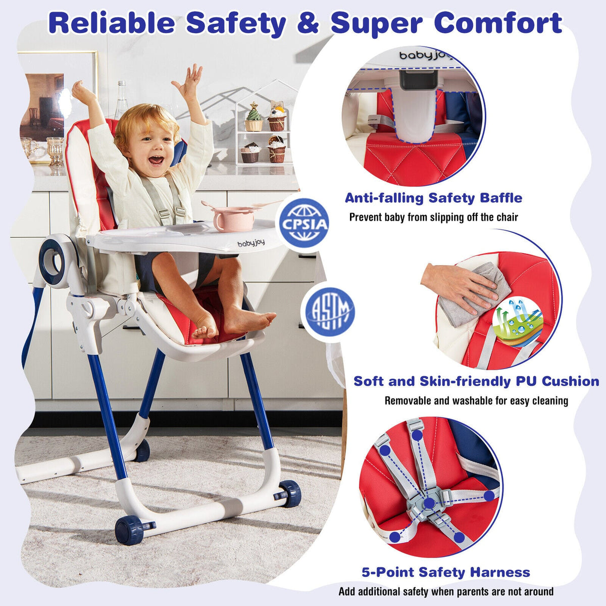 Baby High Chair Foldable Feeding Chair with 4 Lockable Wheels-Red-High Chairs-DECOROLALA