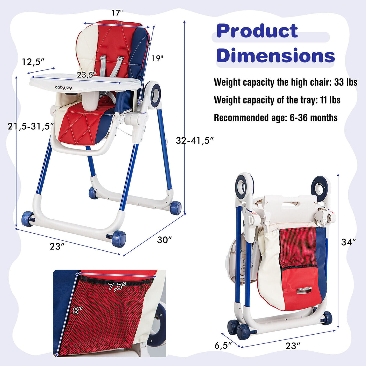 Baby High Chair Foldable Feeding Chair with 4 Lockable Wheels-Red-High Chairs-DECOROLALA