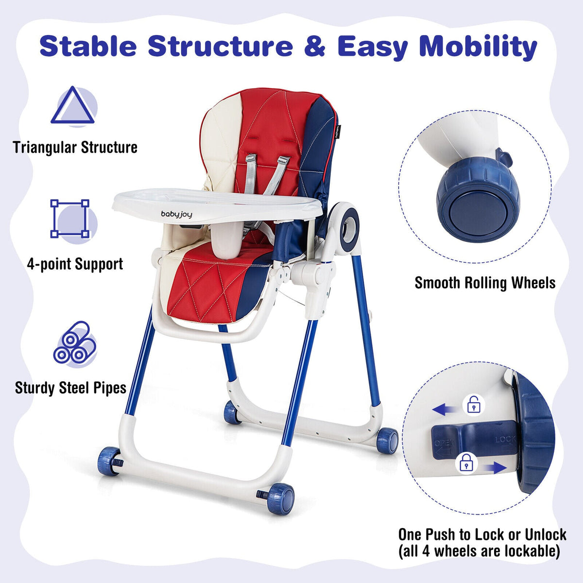 Baby High Chair Foldable Feeding Chair with 4 Lockable Wheels-Red-High Chairs-DECOROLALA