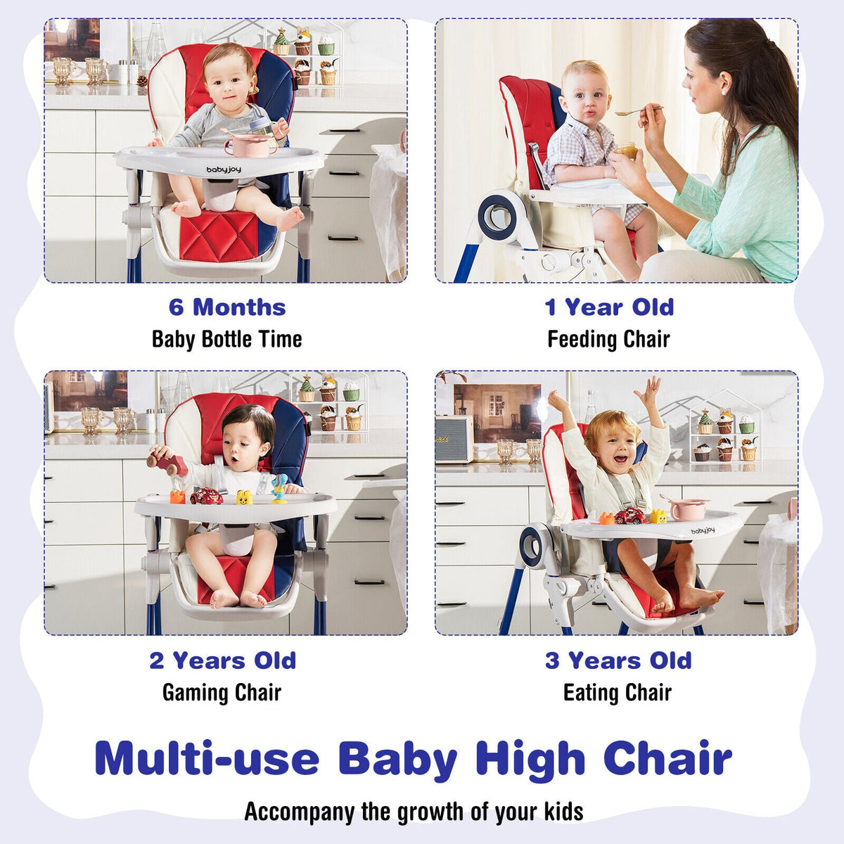 Baby High Chair Foldable Feeding Chair with 4 Lockable Wheels-Red-High Chairs-DECOROLALA