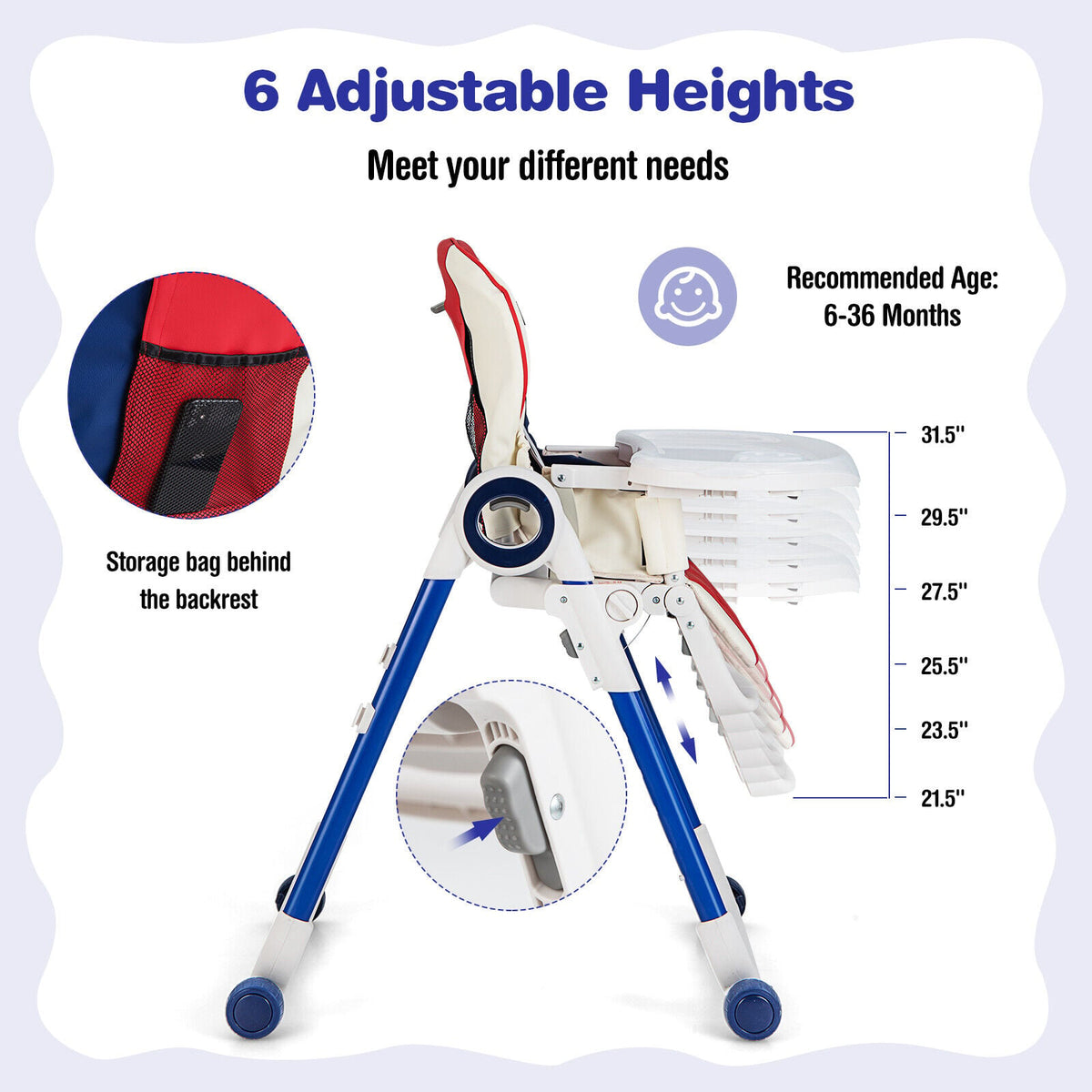 Baby High Chair Foldable Feeding Chair with 4 Lockable Wheels-Red-High Chairs-DECOROLALA