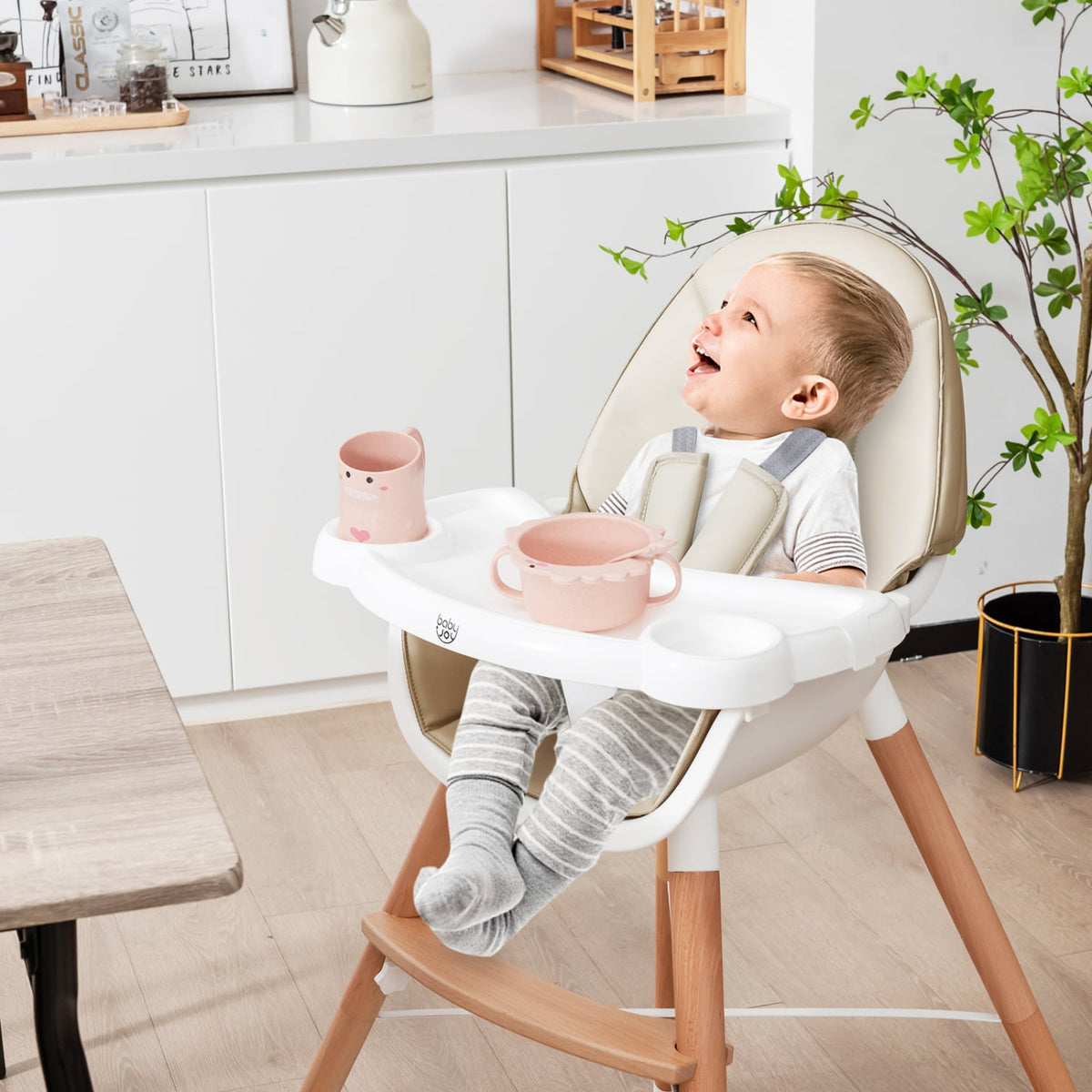 Baby High Chair with Dishwasher Safe Tray-Beige-High Chairs-DECOROLALA