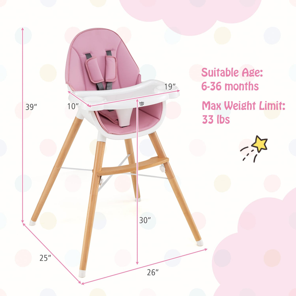 Baby High Chair with Dishwasher Safe Tray-Pink-High Chairs-DECOROLALA