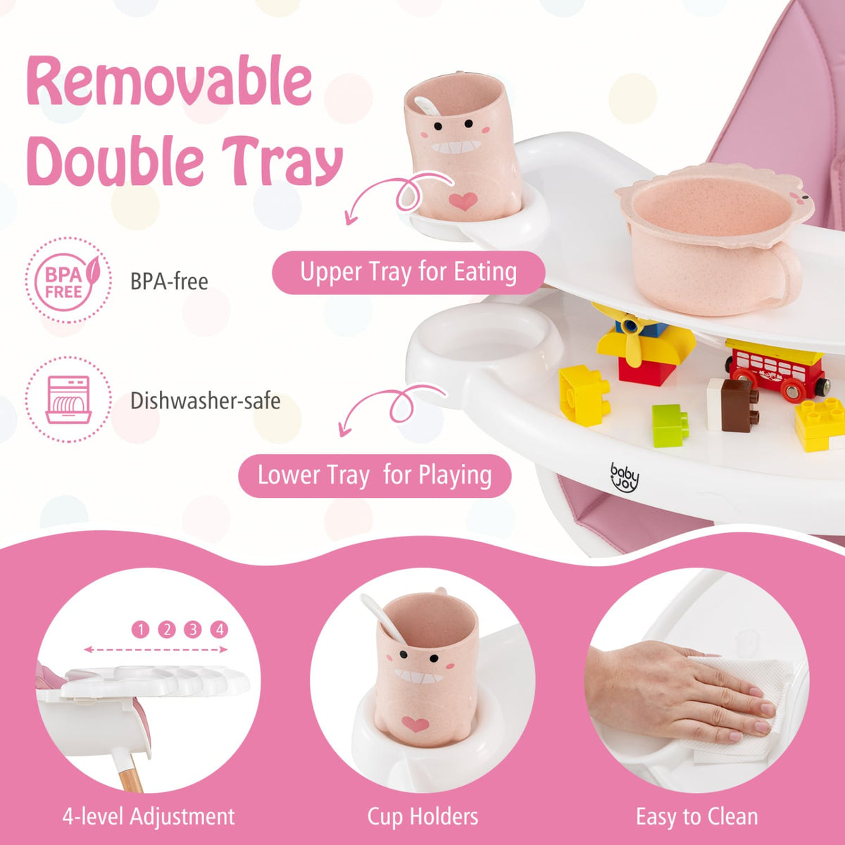 Baby High Chair with Dishwasher Safe Tray-Pink-High Chairs-DECOROLALA