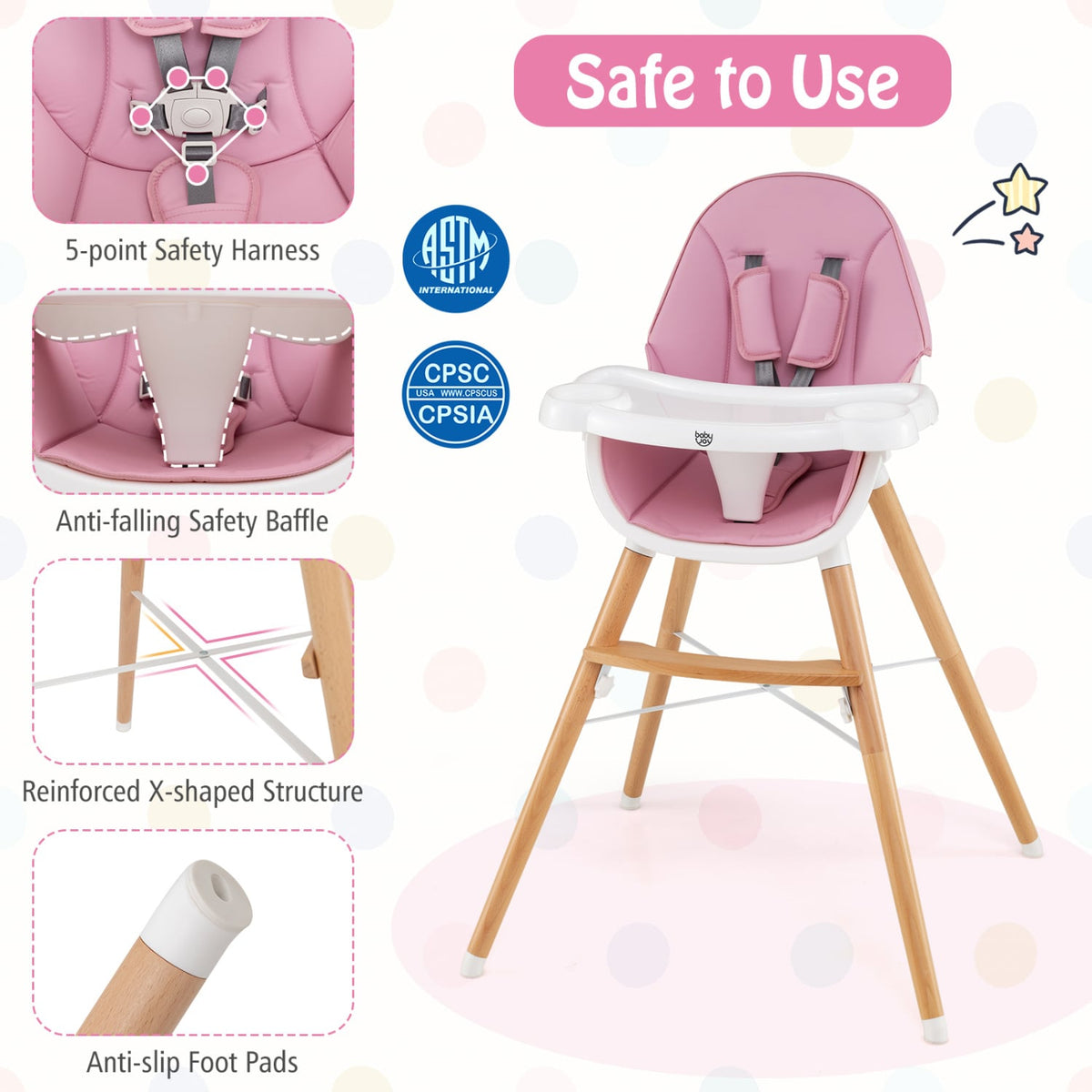 Baby High Chair with Dishwasher Safe Tray-Pink-High Chairs-DECOROLALA