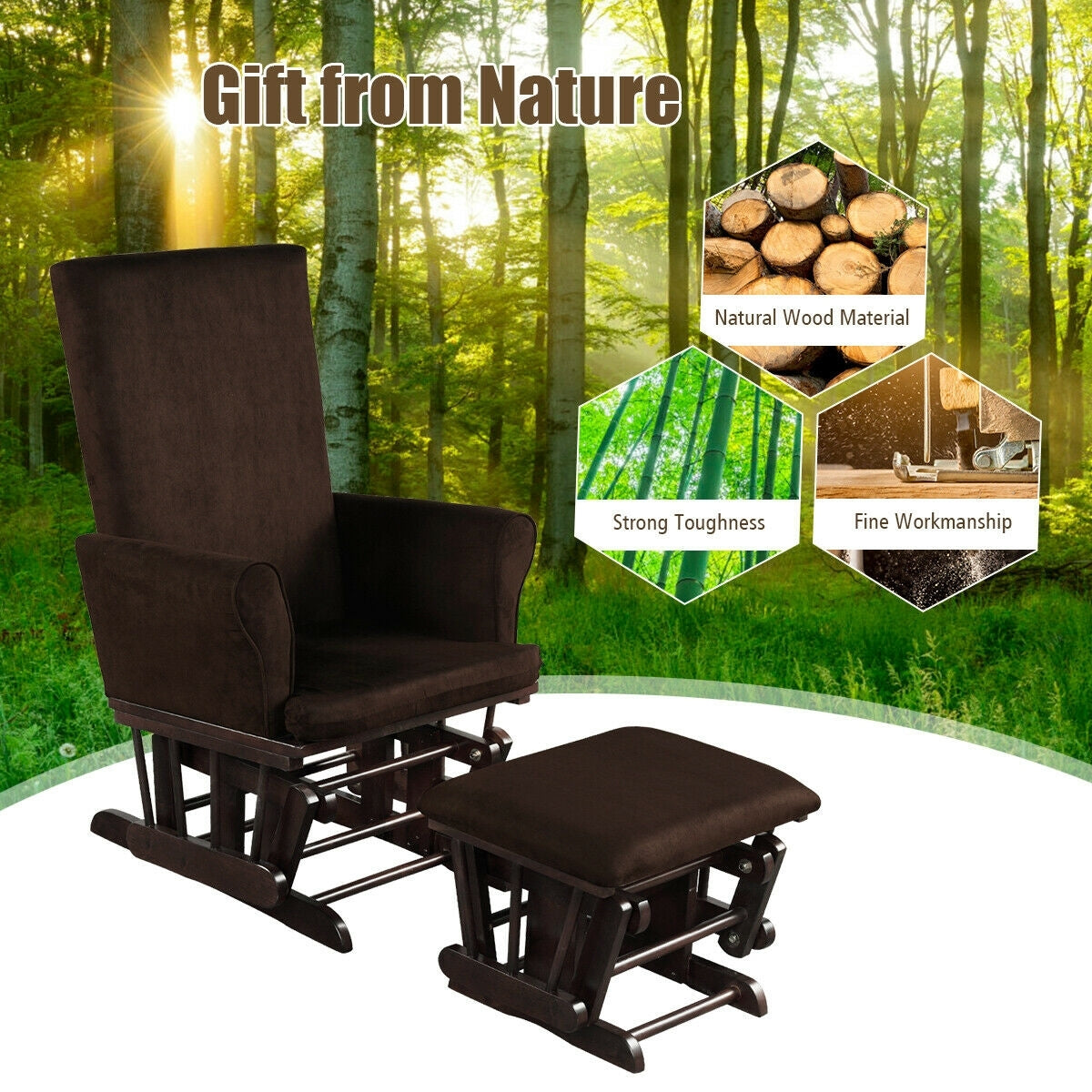 Baby Nursery Relax Rocker Rocking Chair Glider & Ottoman Set-Coffee-Recliners-DECOROLALA