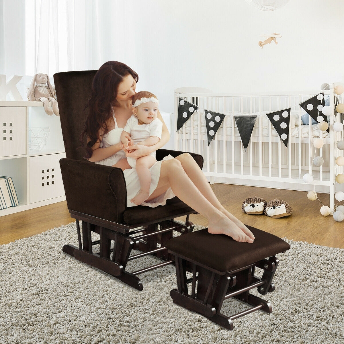 Baby Nursery Relax Rocker Rocking Chair Glider & Ottoman Set-Coffee-Recliners-DECOROLALA