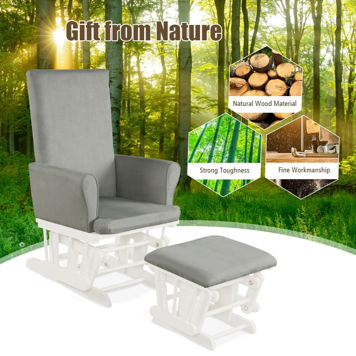 Baby Nursery Relax Rocker Rocking Chair Glider & Ottoman Set-Gray-Recliners-DECOROLALA