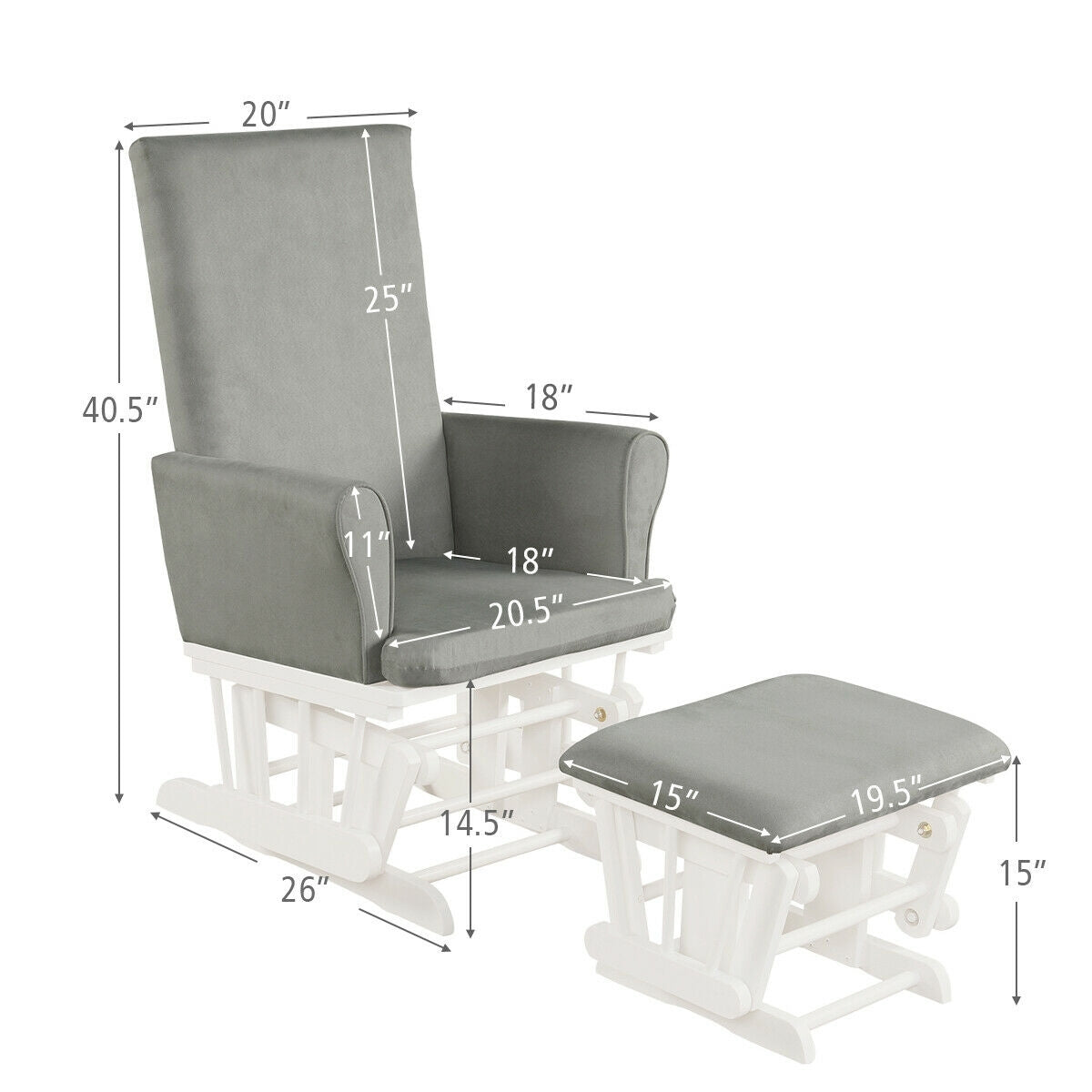 Baby Nursery Relax Rocker Rocking Chair Glider & Ottoman Set-Gray-Recliners-DECOROLALA
