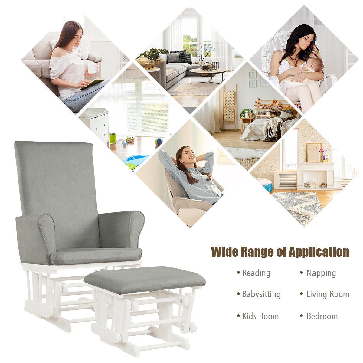 Baby Nursery Relax Rocker Rocking Chair Glider & Ottoman Set-Gray-Recliners-DECOROLALA