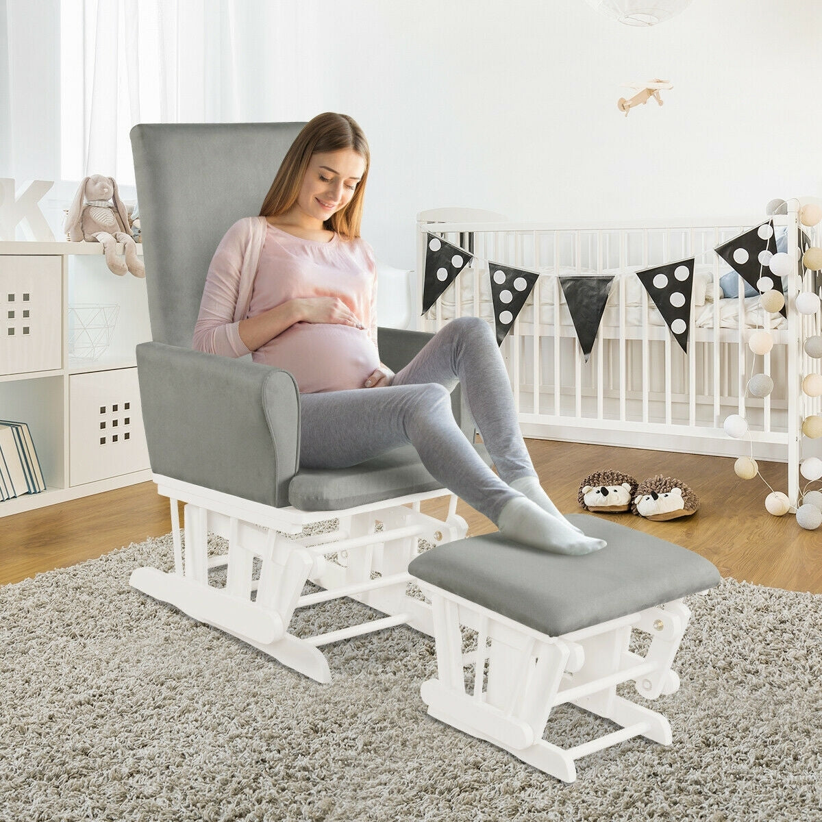 Baby Nursery Relax Rocker Rocking Chair Glider & Ottoman Set-Gray-Recliners-DECOROLALA