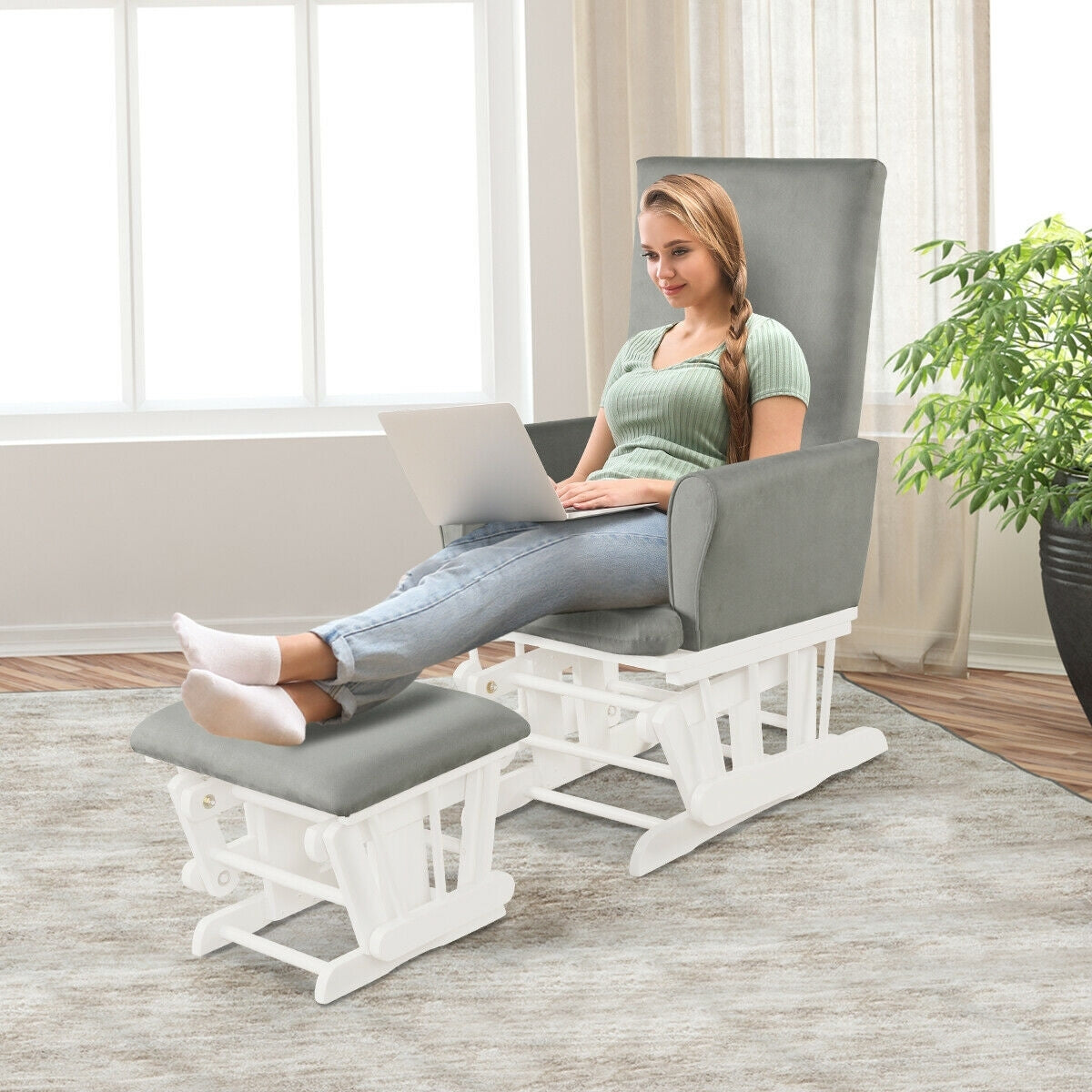 Baby Nursery Relax Rocker Rocking Chair Glider & Ottoman Set-Gray-Recliners-DECOROLALA