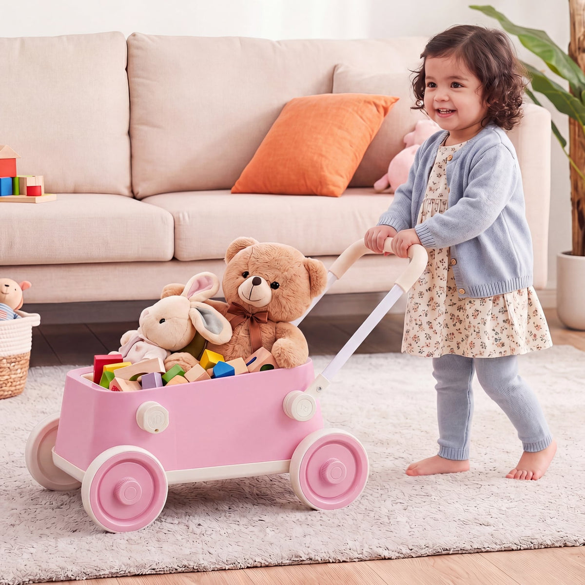 Baby Push Walker with Wheels and Foldable Handlebar and Storage Basket-Pink-Baby Activity Toys-DECOROLALA
