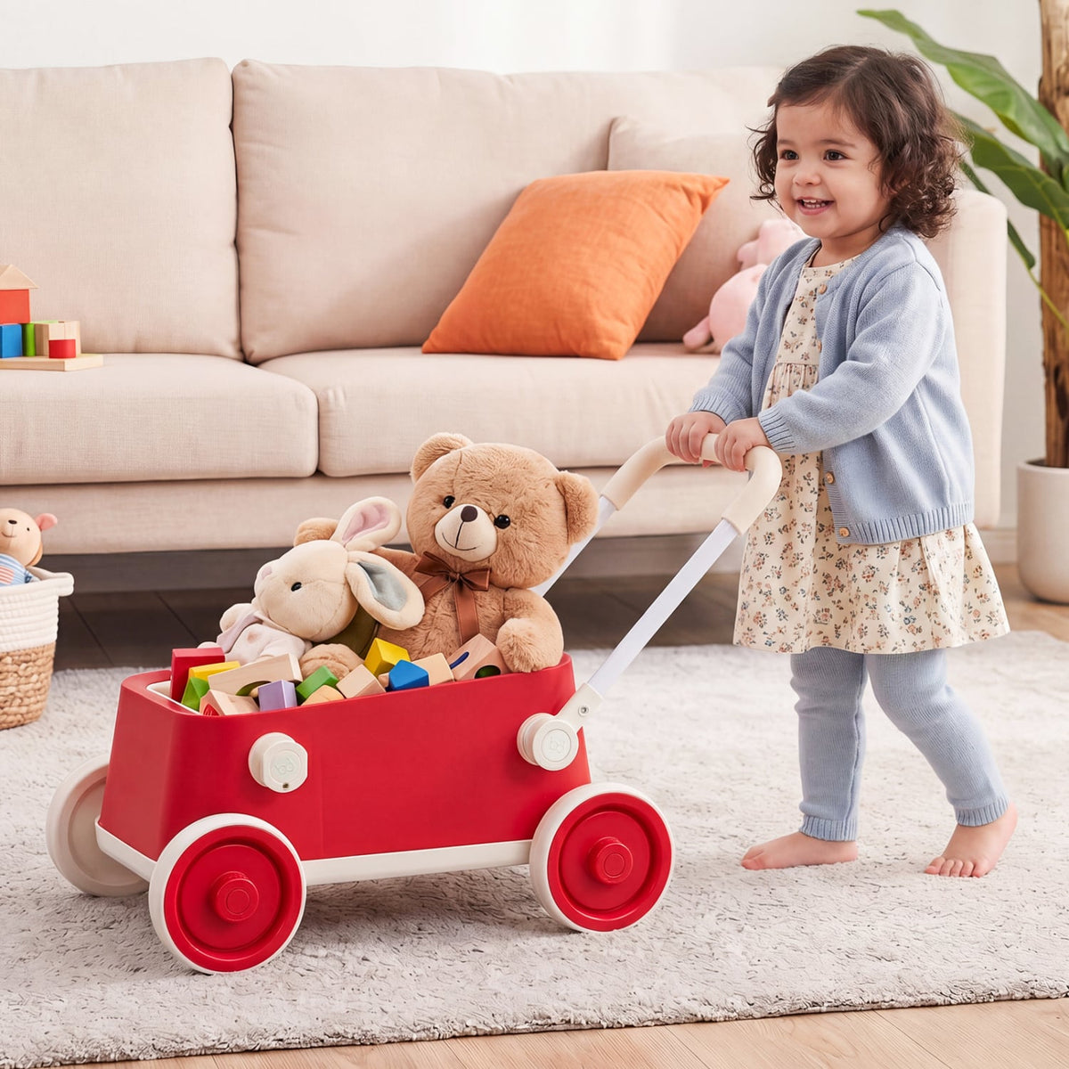 Baby Push Walker with Wheels and Foldable Handlebar and Storage Basket-Red-Baby Activity Toys-DECOROLALA