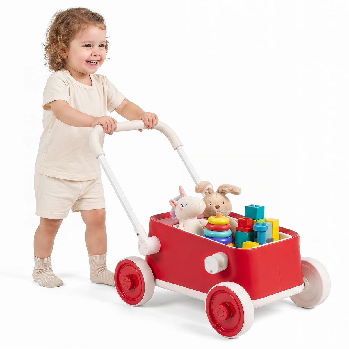 Baby Push Walker with Wheels and Foldable Handlebar and Storage Basket-Red-Baby Activity Toys-DECOROLALA
