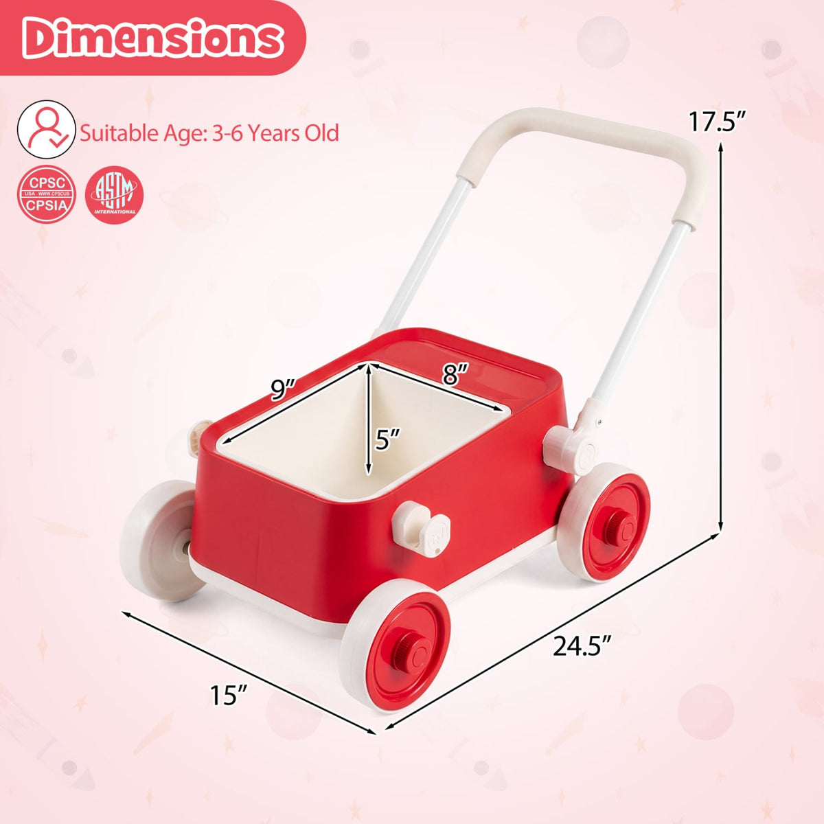 Baby Push Walker with Wheels and Foldable Handlebar and Storage Basket-Red-Baby Activity Toys-DECOROLALA