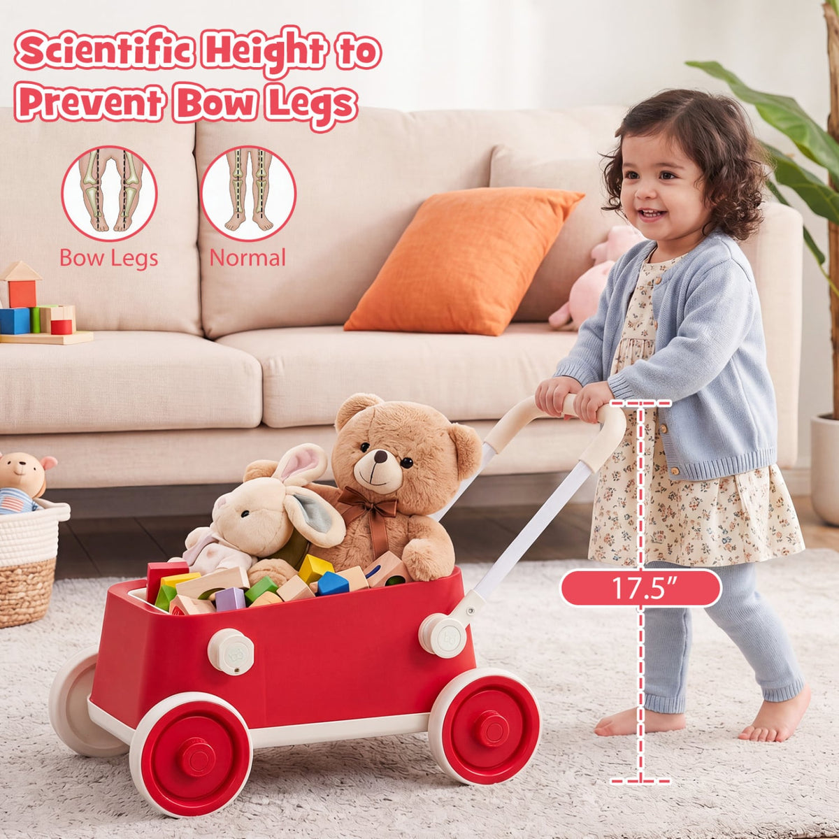 Baby Push Walker with Wheels and Foldable Handlebar and Storage Basket-Red-Baby Activity Toys-DECOROLALA