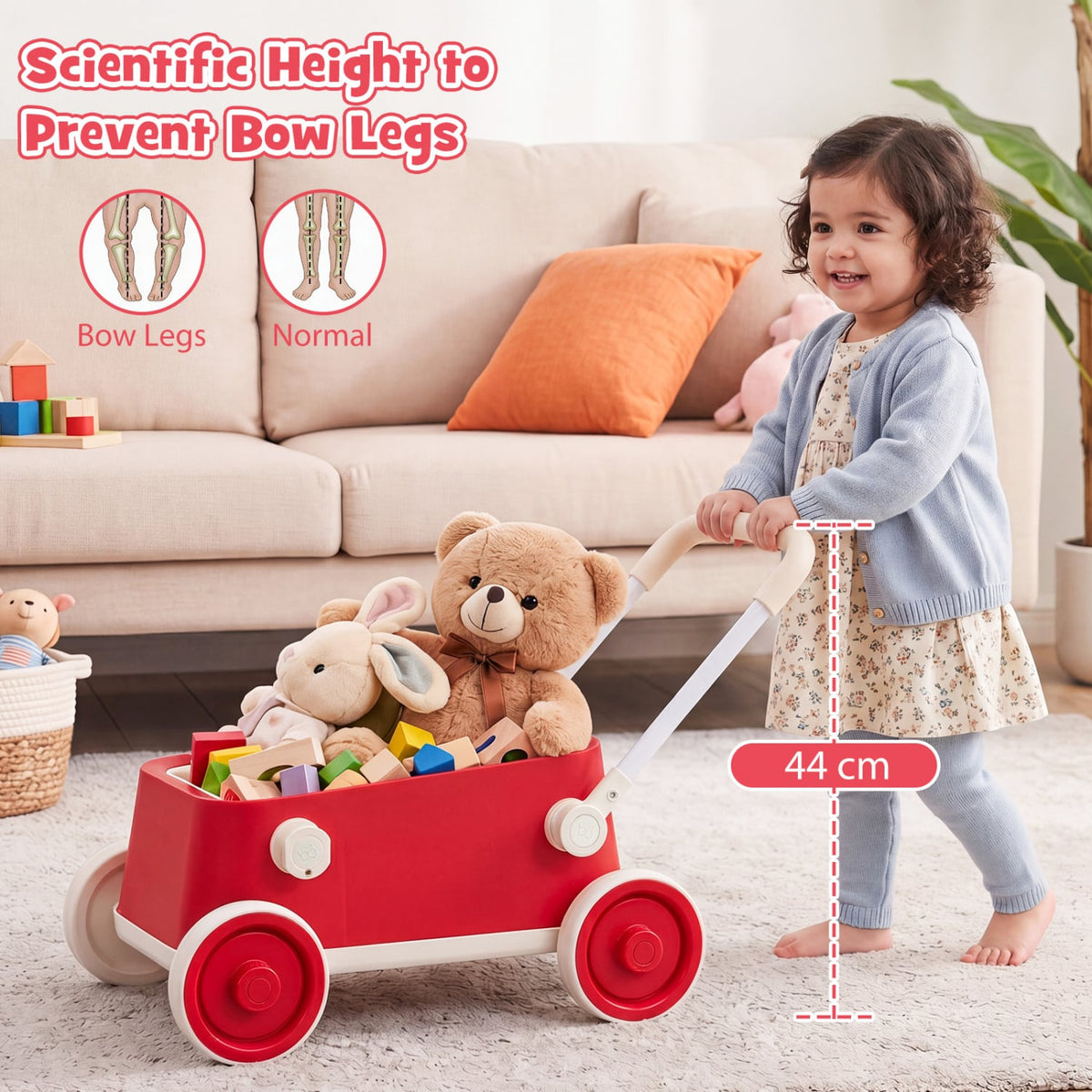 Baby Push Walker with Wheels and Foldable Handlebar and Storage Basket-Red-Baby Activity Toys-DECOROLALA