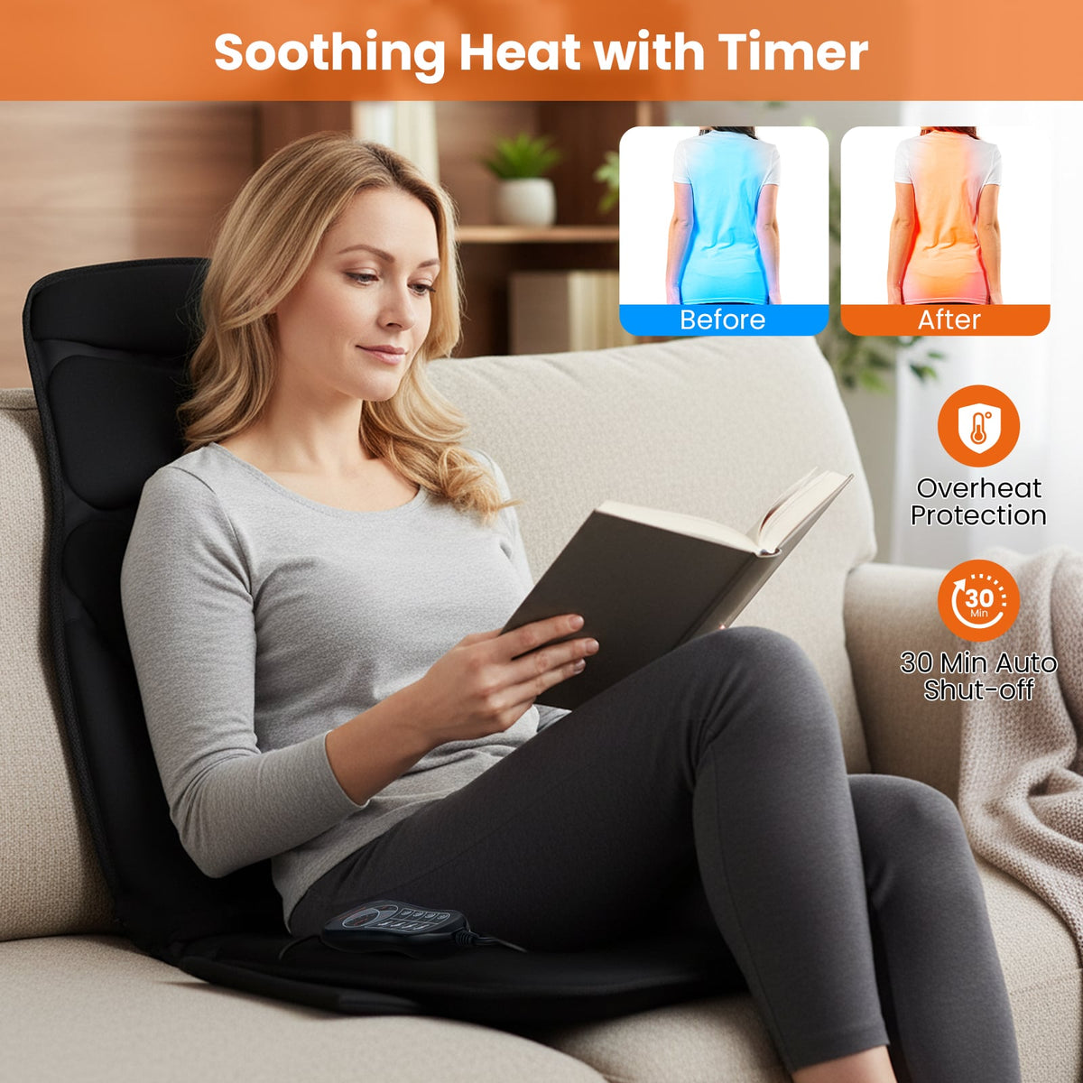 Back Massager Seat Cushion with Heat and 10 Vibration Motors for Pain Relief-Black-Back Massager-DECOROLALA