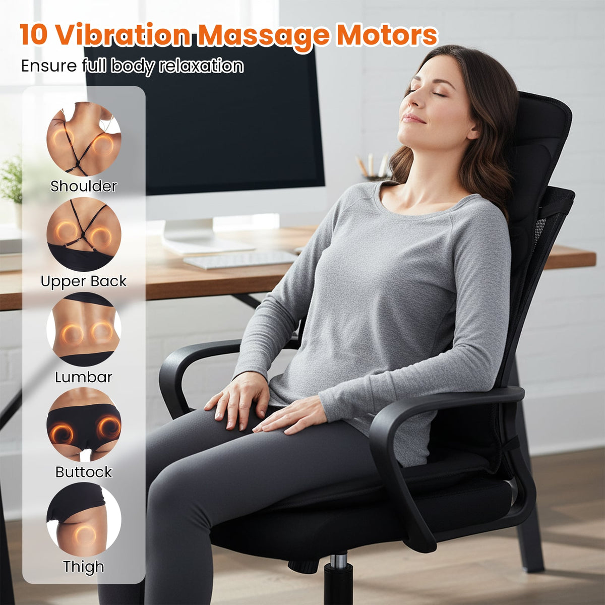 Back Massager Seat Cushion with Heat and 10 Vibration Motors for Pain Relief-Black-Back Massager-DECOROLALA