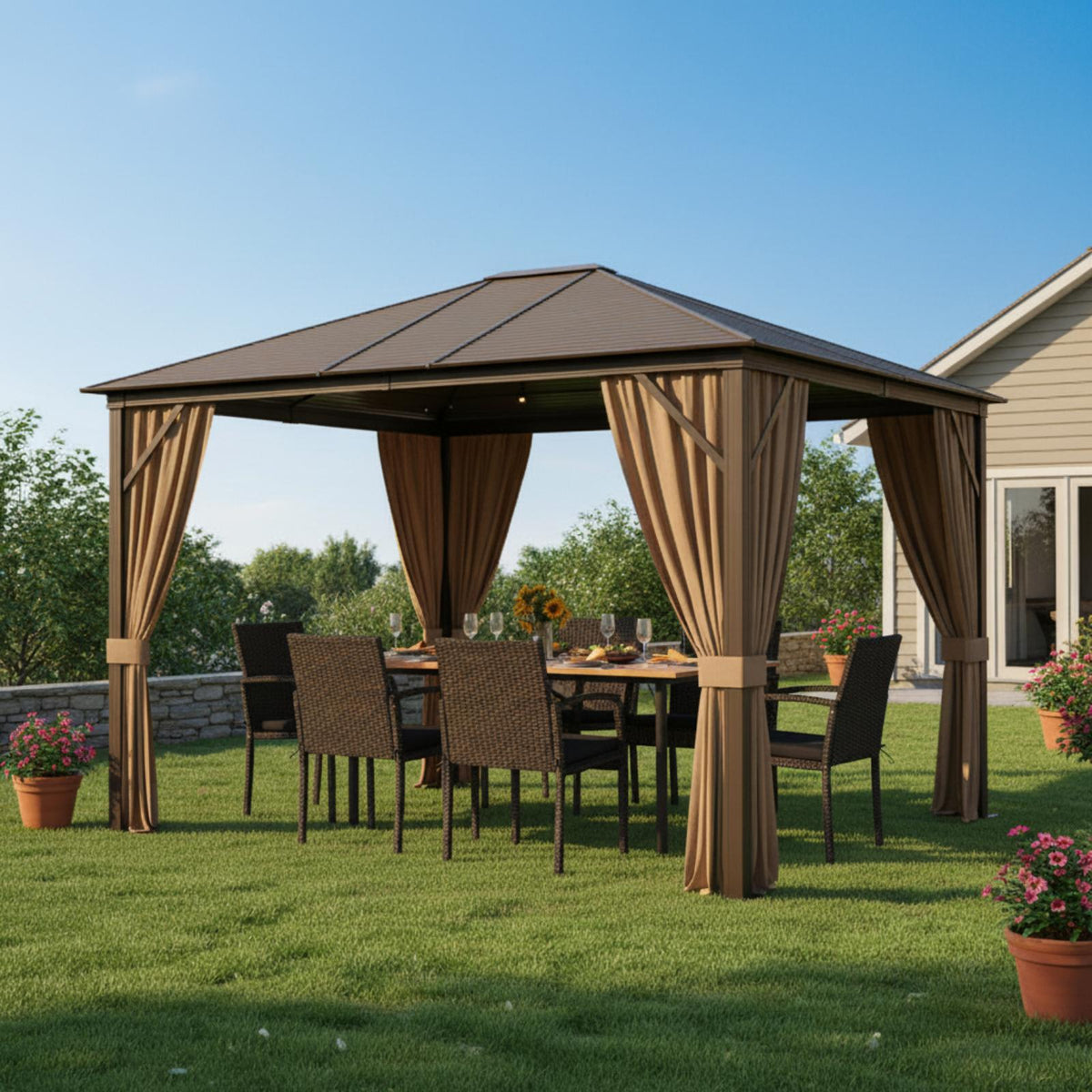 Backyard Retreat Pro Set: All-Weather Gazebo and Dining Combo for Ultimate Outdoor Living-Patio Furniture Sets-DECOROLALA