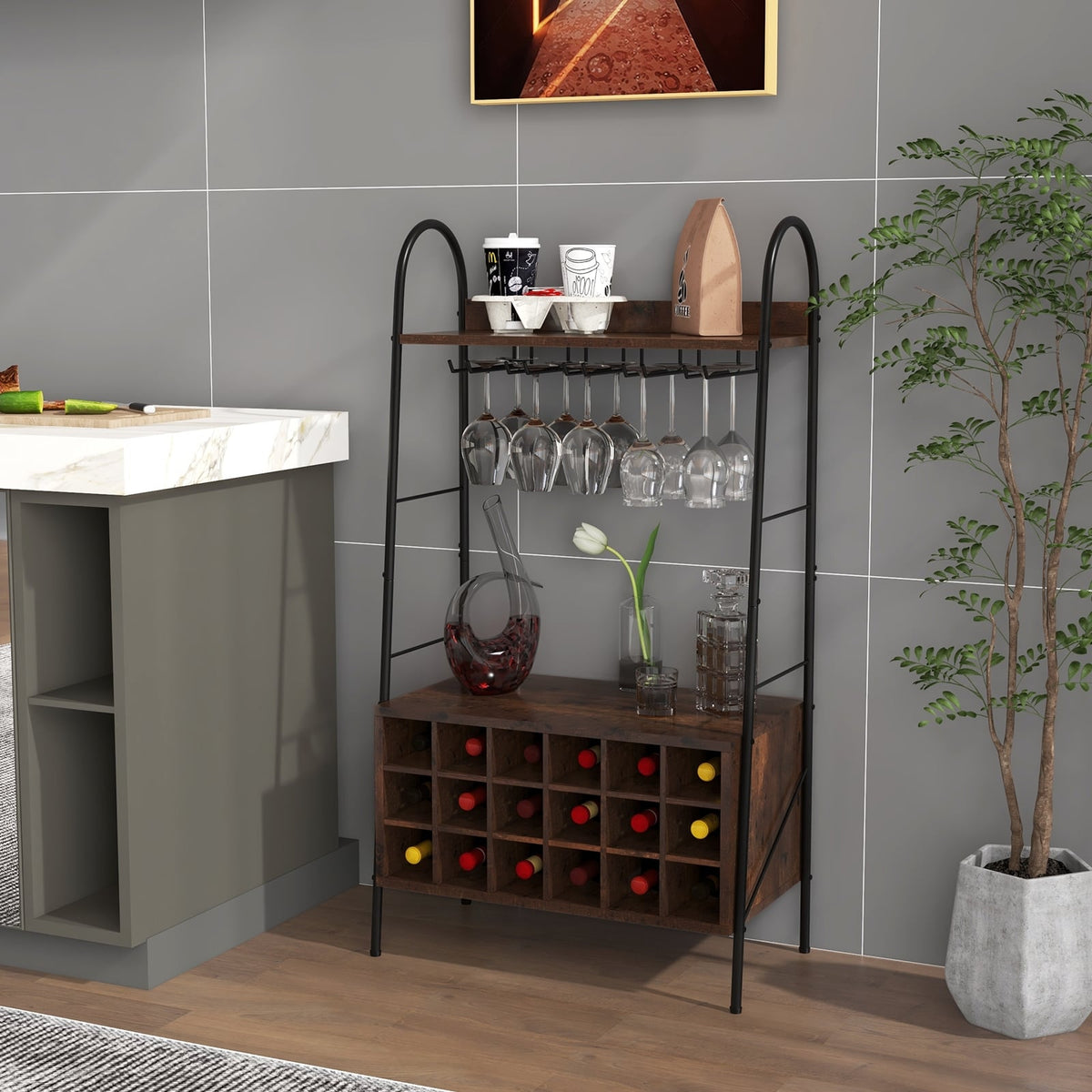 Baker's Rack with Detachable Wine Rack and 5 Rows of Stemware Holder-Rustic Brown-Wine Racks-DECOROLALA