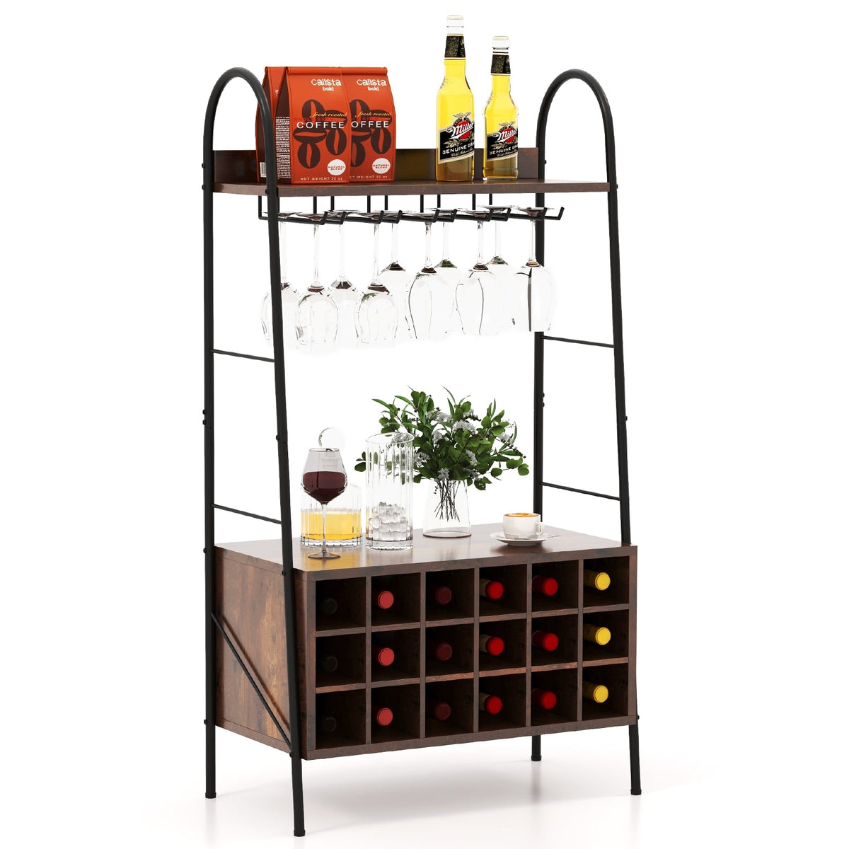 Baker's Rack with Detachable Wine Rack and 5 Rows of Stemware Holder-Rustic Brown-Wine Racks-DECOROLALA