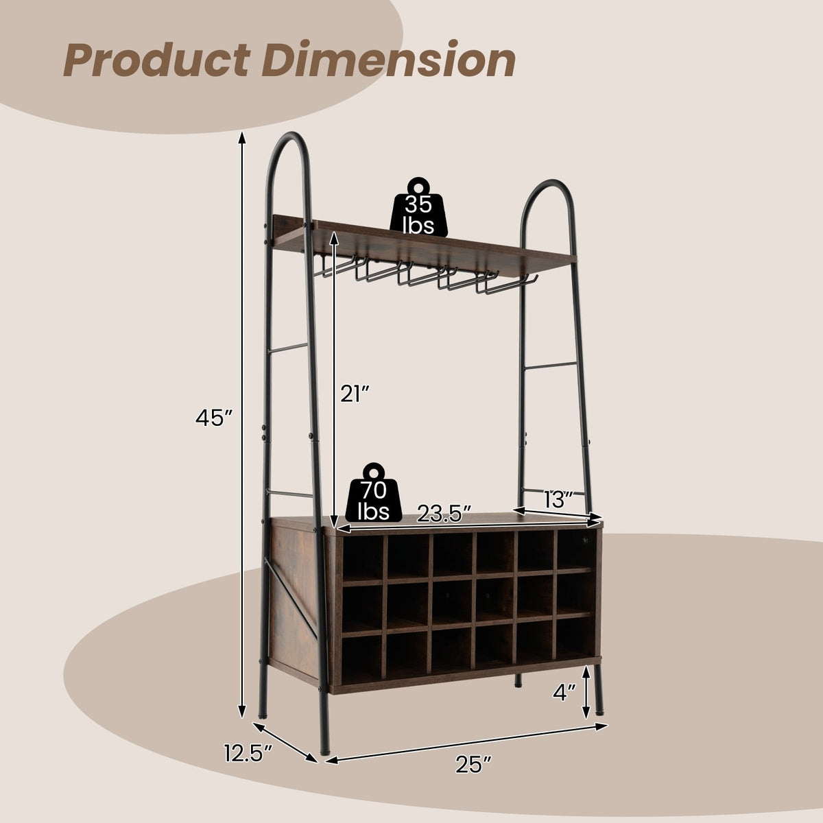 Baker's Rack with Detachable Wine Rack and 5 Rows of Stemware Holder-Rustic Brown-Wine Racks-DECOROLALA