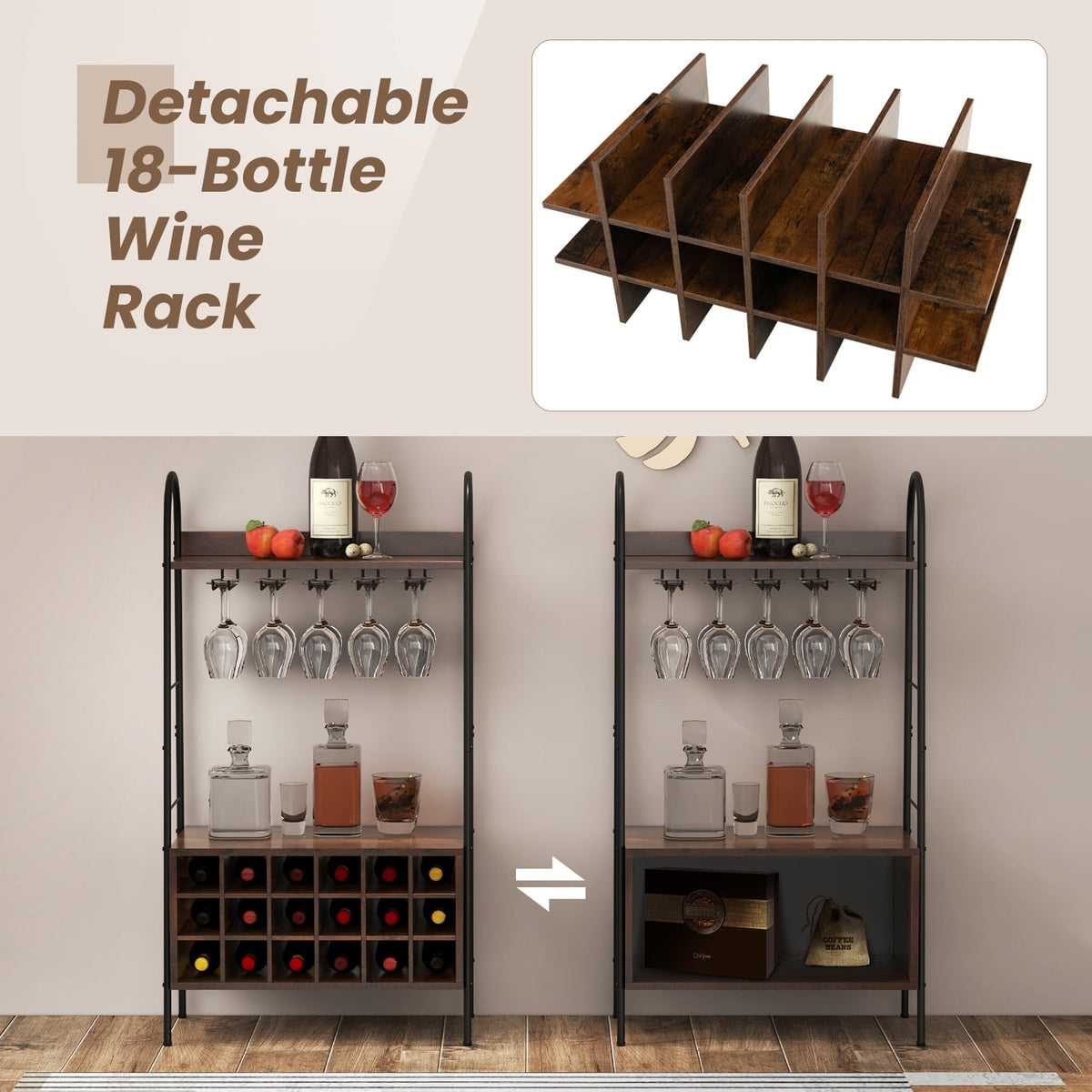 Baker's Rack with Detachable Wine Rack and 5 Rows of Stemware Holder-Rustic Brown-Wine Racks-DECOROLALA