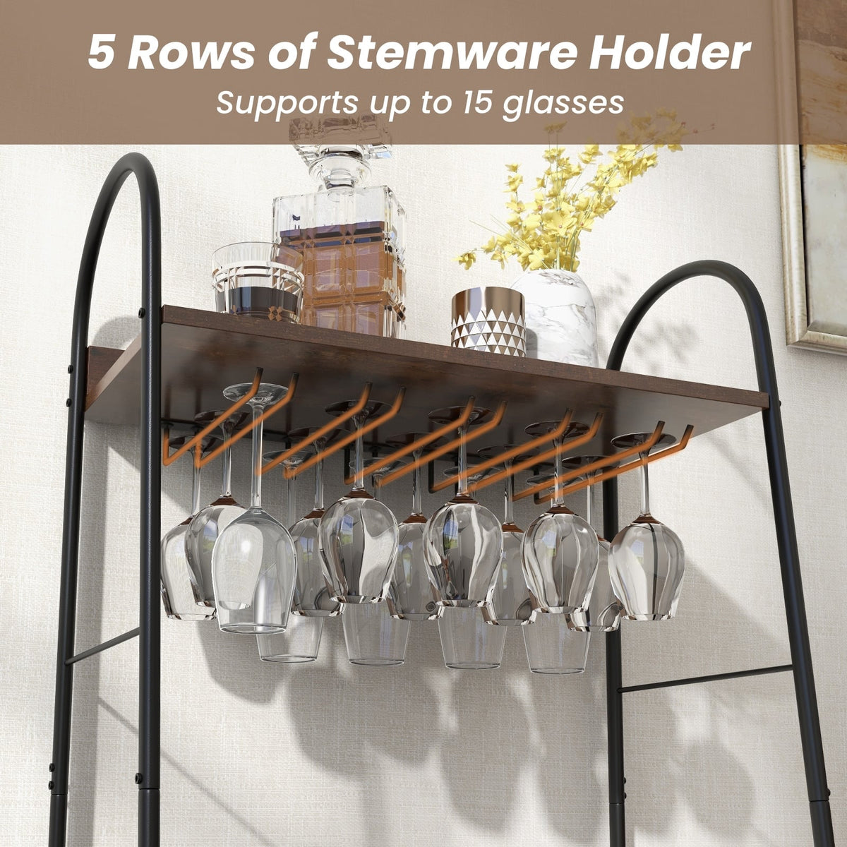 Baker's Rack with Detachable Wine Rack and 5 Rows of Stemware Holder-Rustic Brown-Wine Racks-DECOROLALA