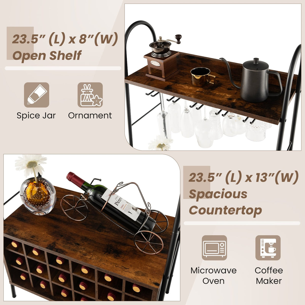 Baker's Rack with Detachable Wine Rack and 5 Rows of Stemware Holder-Rustic Brown-Wine Racks-DECOROLALA