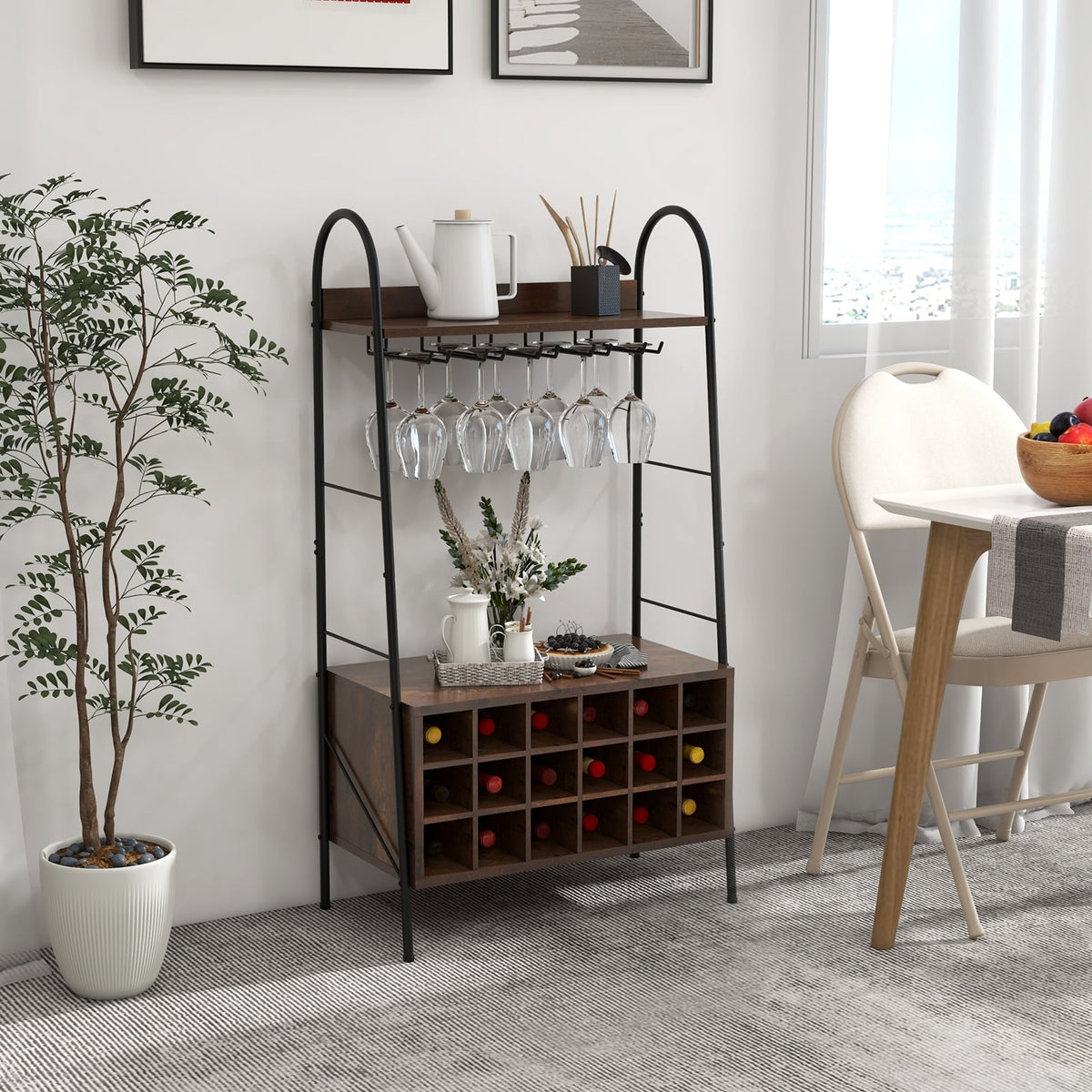 Baker's Rack with Detachable Wine Rack and 5 Rows of Stemware Holder-Rustic Brown-Wine Racks-DECOROLALA