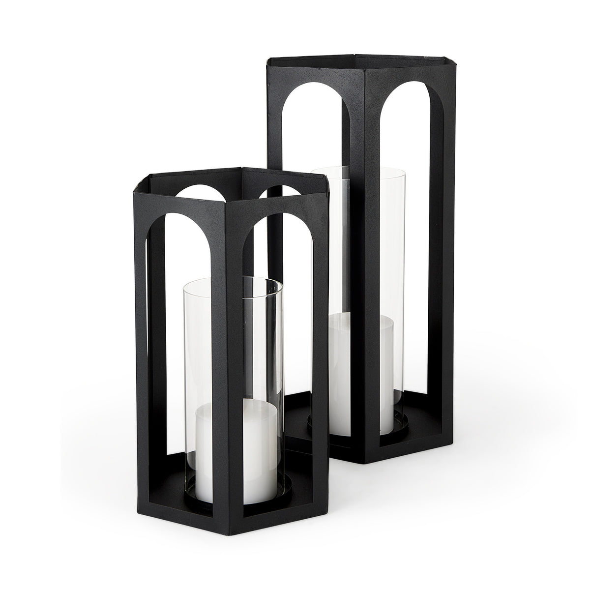 Balley 9.4L x 9.4W x 19.7H Set of Two Matte Black Metal Hexagonal Candle Holder Lanterns-Lanterns-DECOROLALA