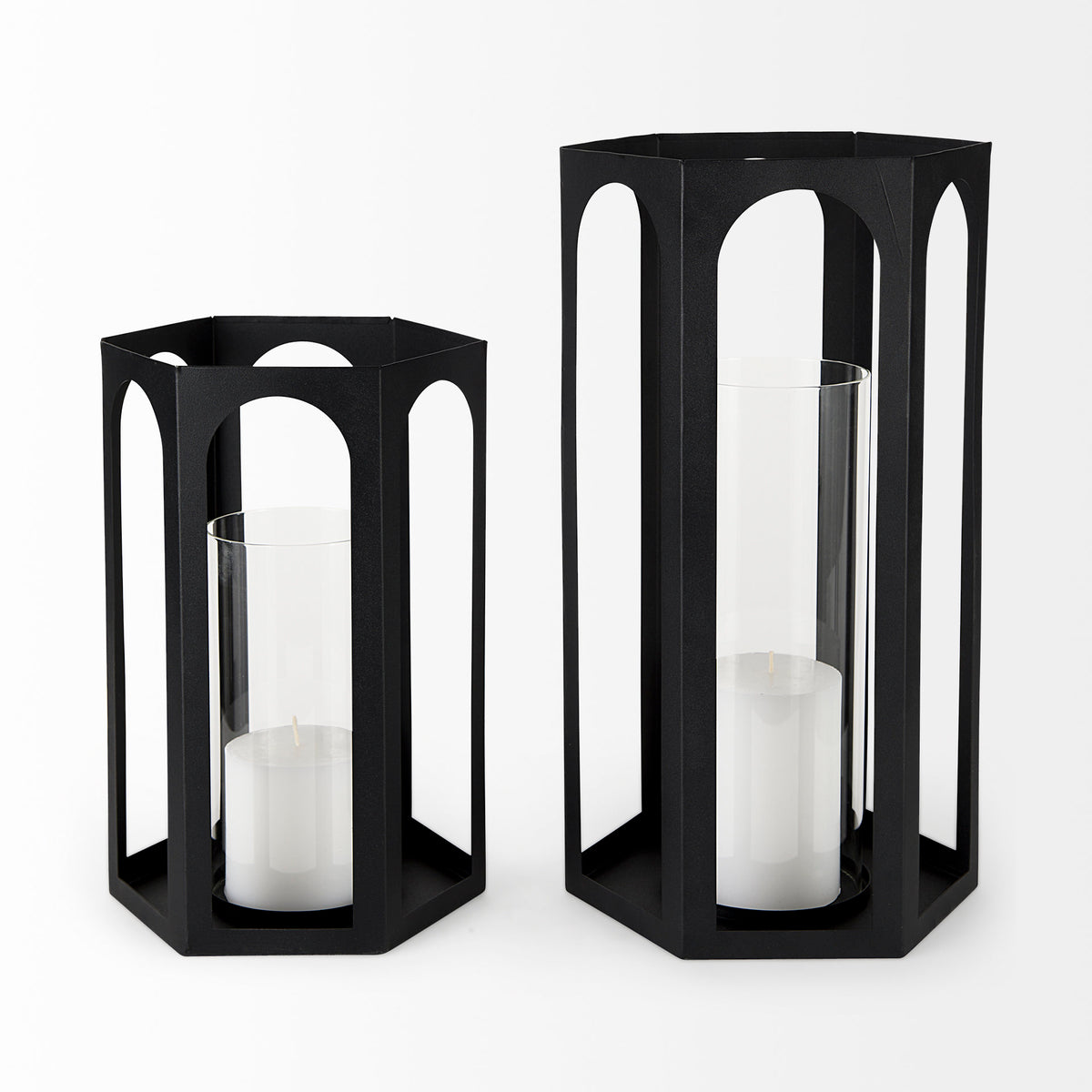 Balley 9.4L x 9.4W x 19.7H Set of Two Matte Black Metal Hexagonal Candle Holder Lanterns-Lanterns-DECOROLALA