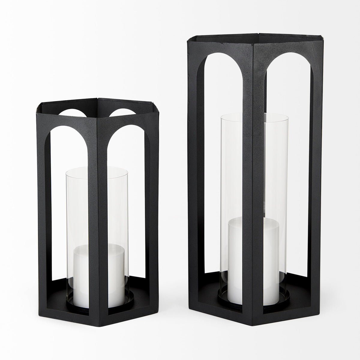 Balley 9.4L x 9.4W x 19.7H Set of Two Matte Black Metal Hexagonal Candle Holder Lanterns-Lanterns-DECOROLALA