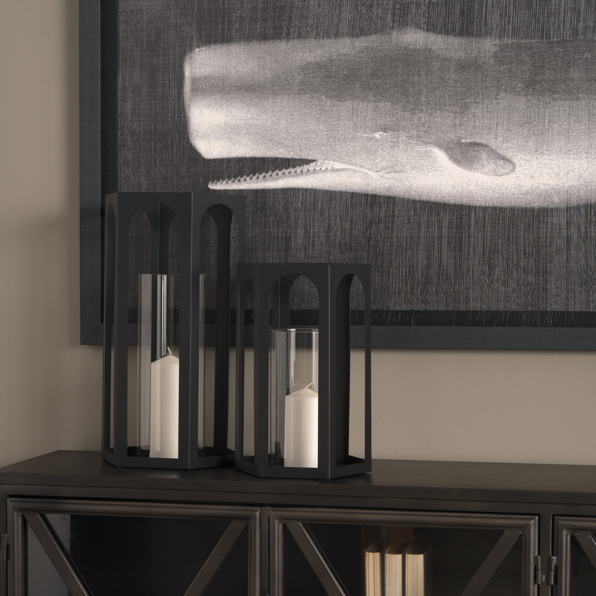 Balley 9.4L x 9.4W x 19.7H Set of Two Matte Black Metal Hexagonal Candle Holder Lanterns-Lanterns-DECOROLALA