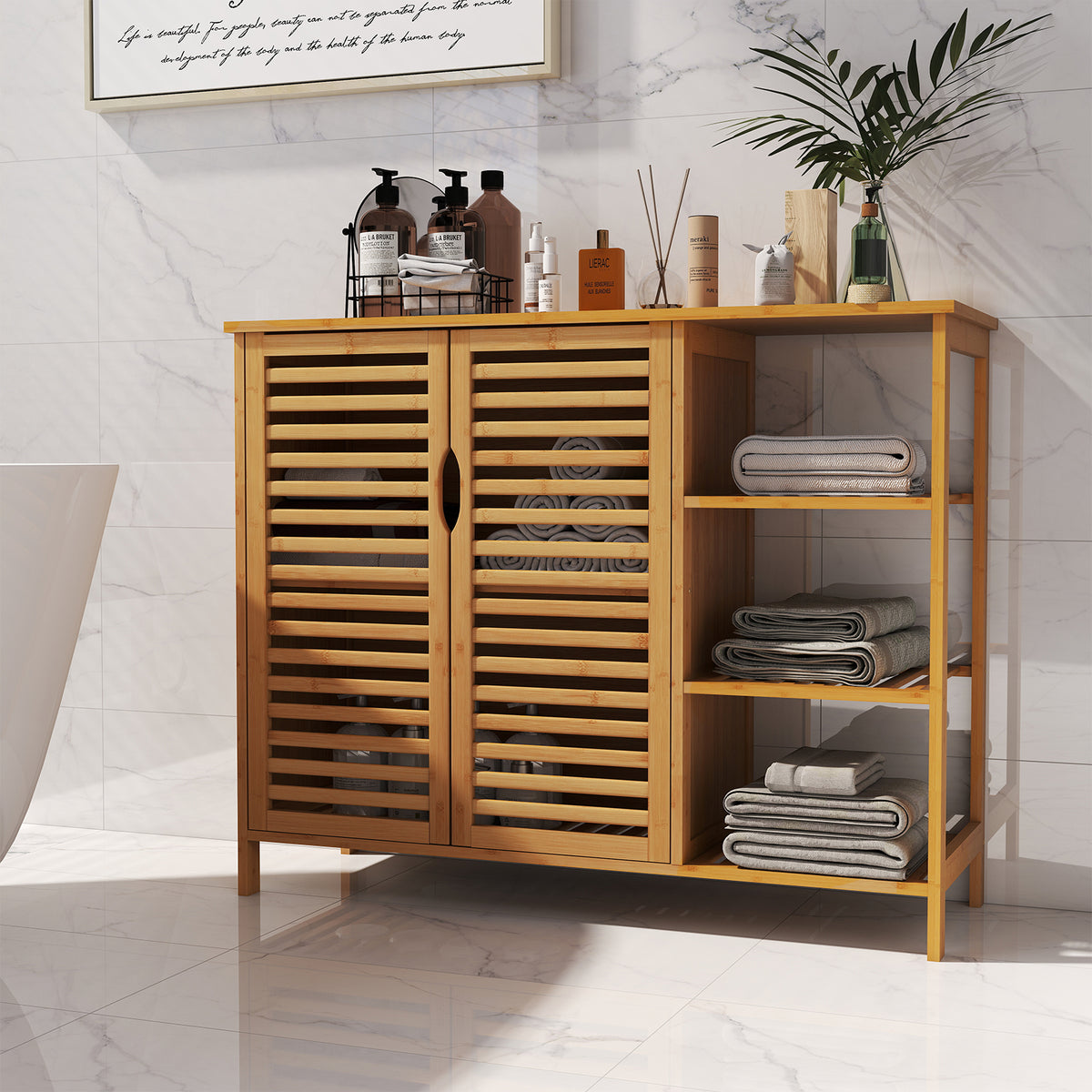 Bamboo Bathroom Cabinet - Natural 2-Door Storage Organizer 40"-Floor Cabinets-DECOROLALA