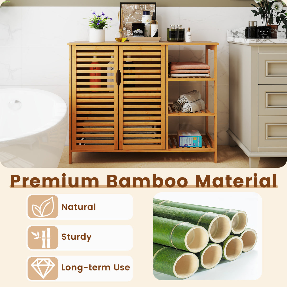 Bamboo Bathroom Cabinet - Natural 2-Door Storage Organizer 40"-Floor Cabinets-DECOROLALA