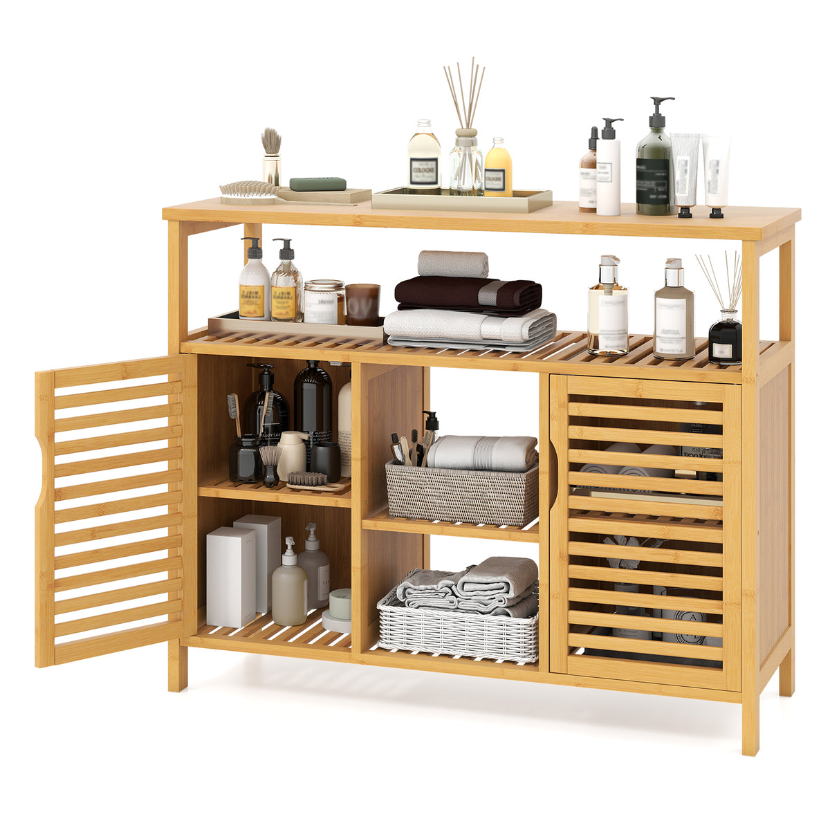 Bamboo Bathroom Cabinet - Natural 39.5" Storage Shelves & Doors-Floor Cabinets-DECOROLALA