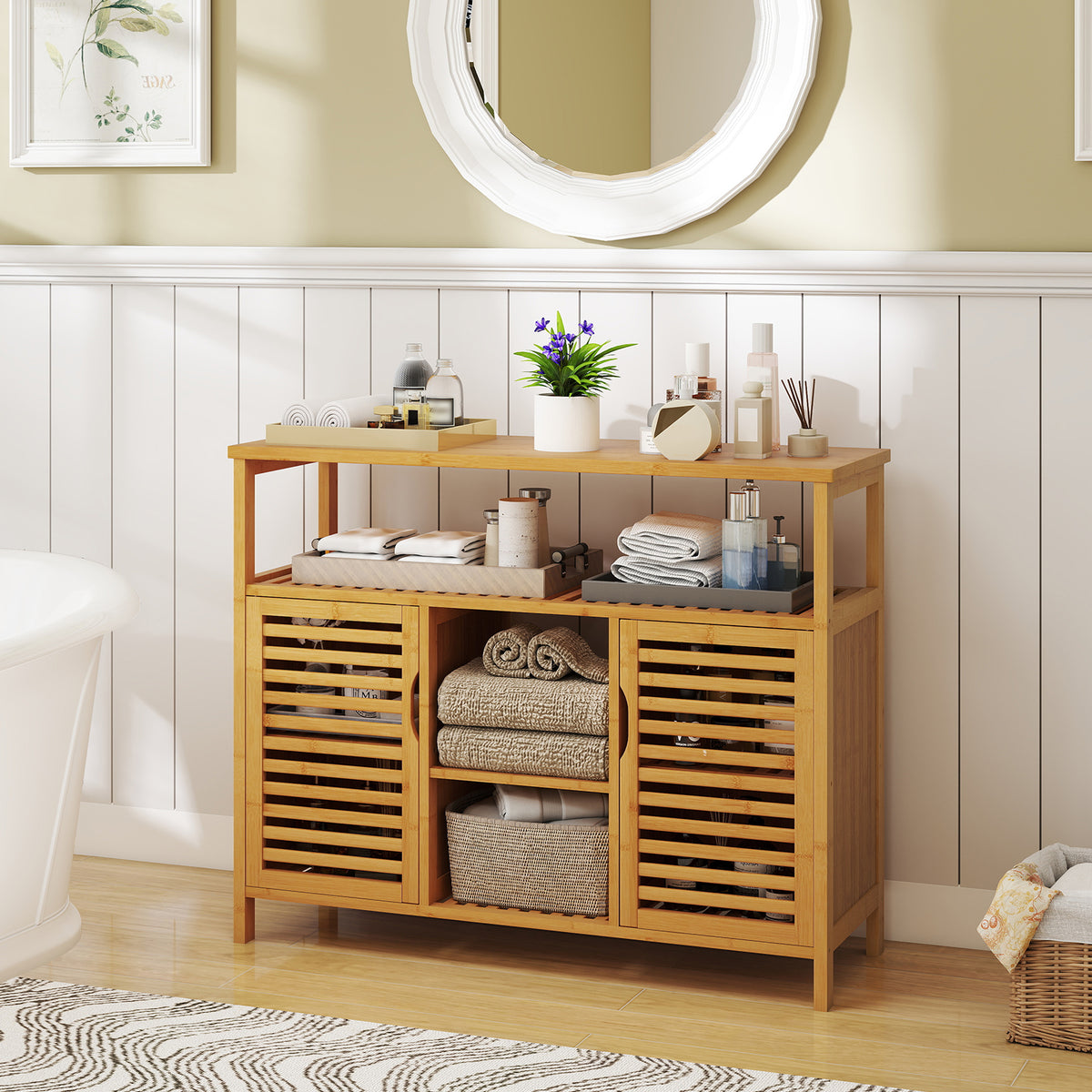 Bamboo Bathroom Cabinet - Natural 39.5" Storage Shelves & Doors-Floor Cabinets-DECOROLALA