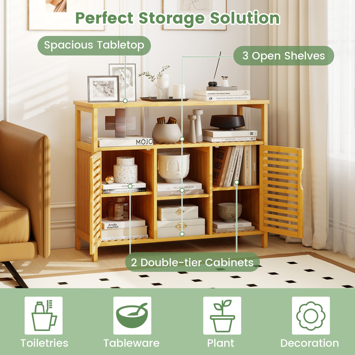 Bamboo Bathroom Cabinet - Natural 39.5" Storage Shelves & Doors-Floor Cabinets-DECOROLALA