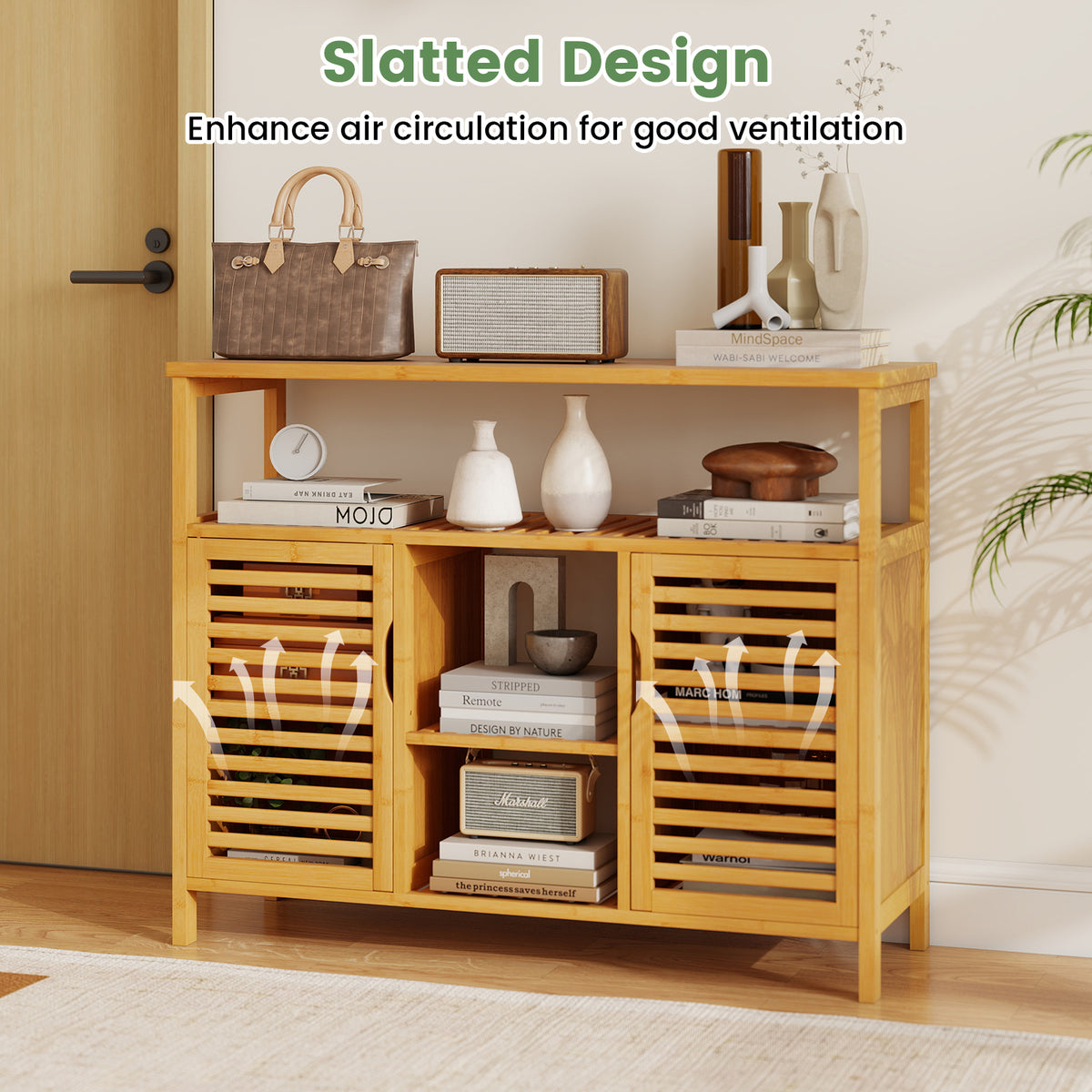 Bamboo Bathroom Cabinet - Natural 39.5" Storage Shelves & Doors-Floor Cabinets-DECOROLALA